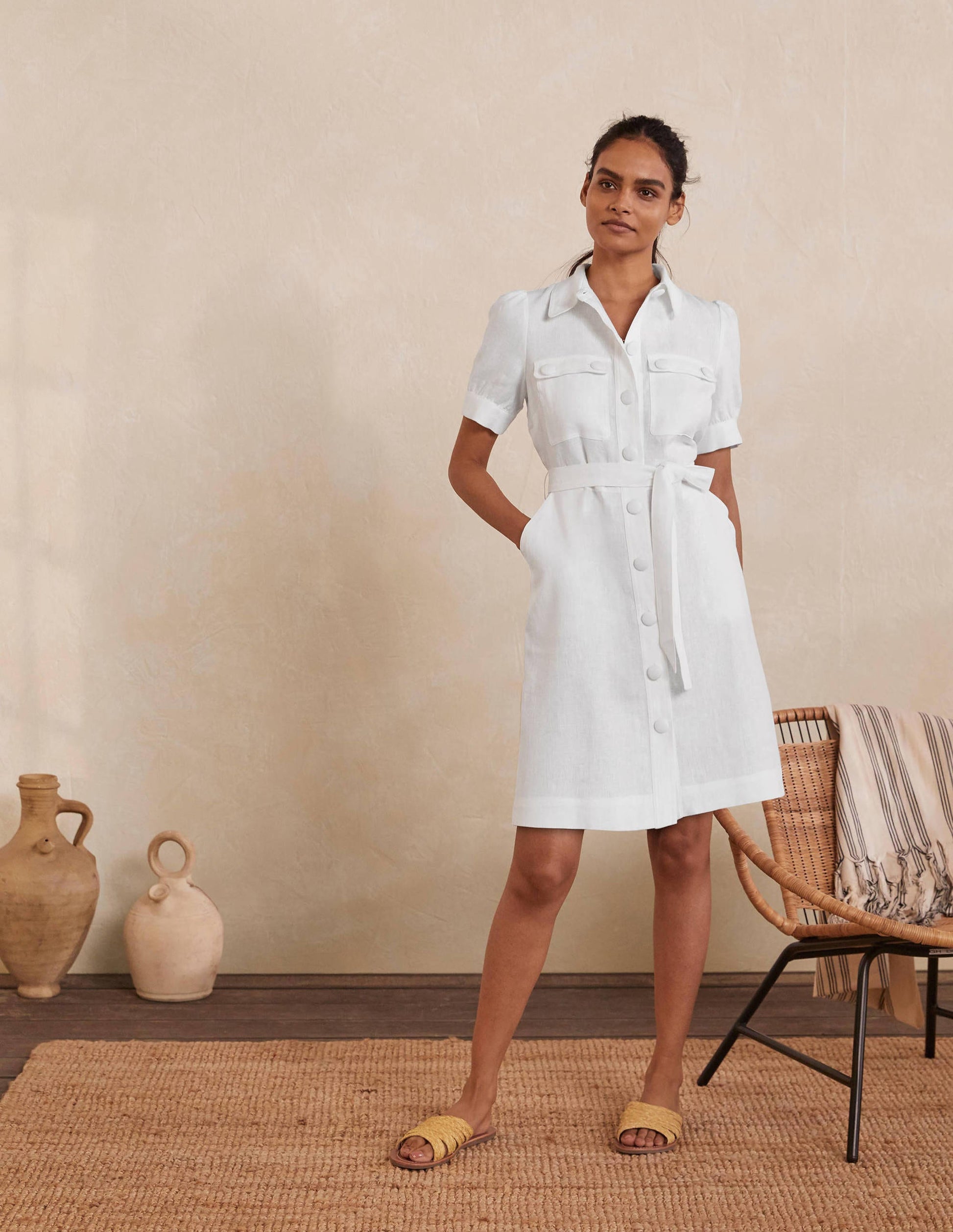Carrie Linen Shirt Dress-White-4