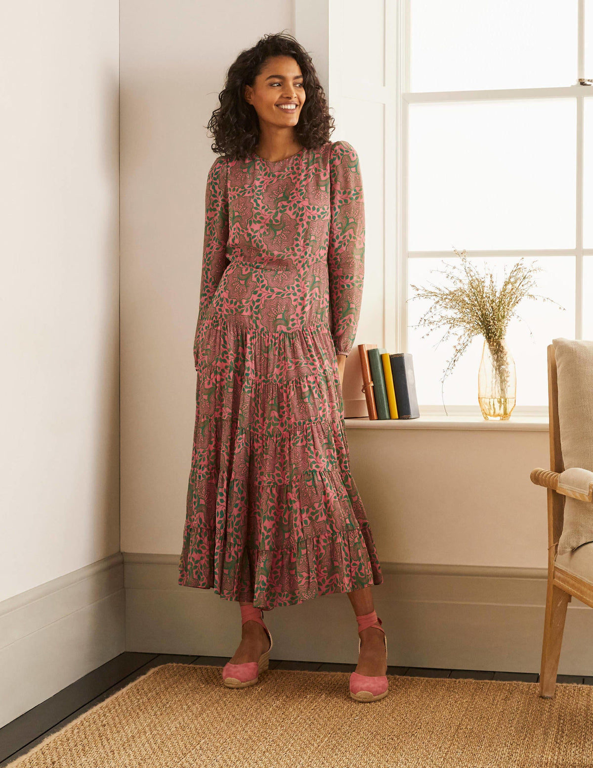 Annie Tiered Midi Dress-Azalea, Ornate Floral - Image 1
