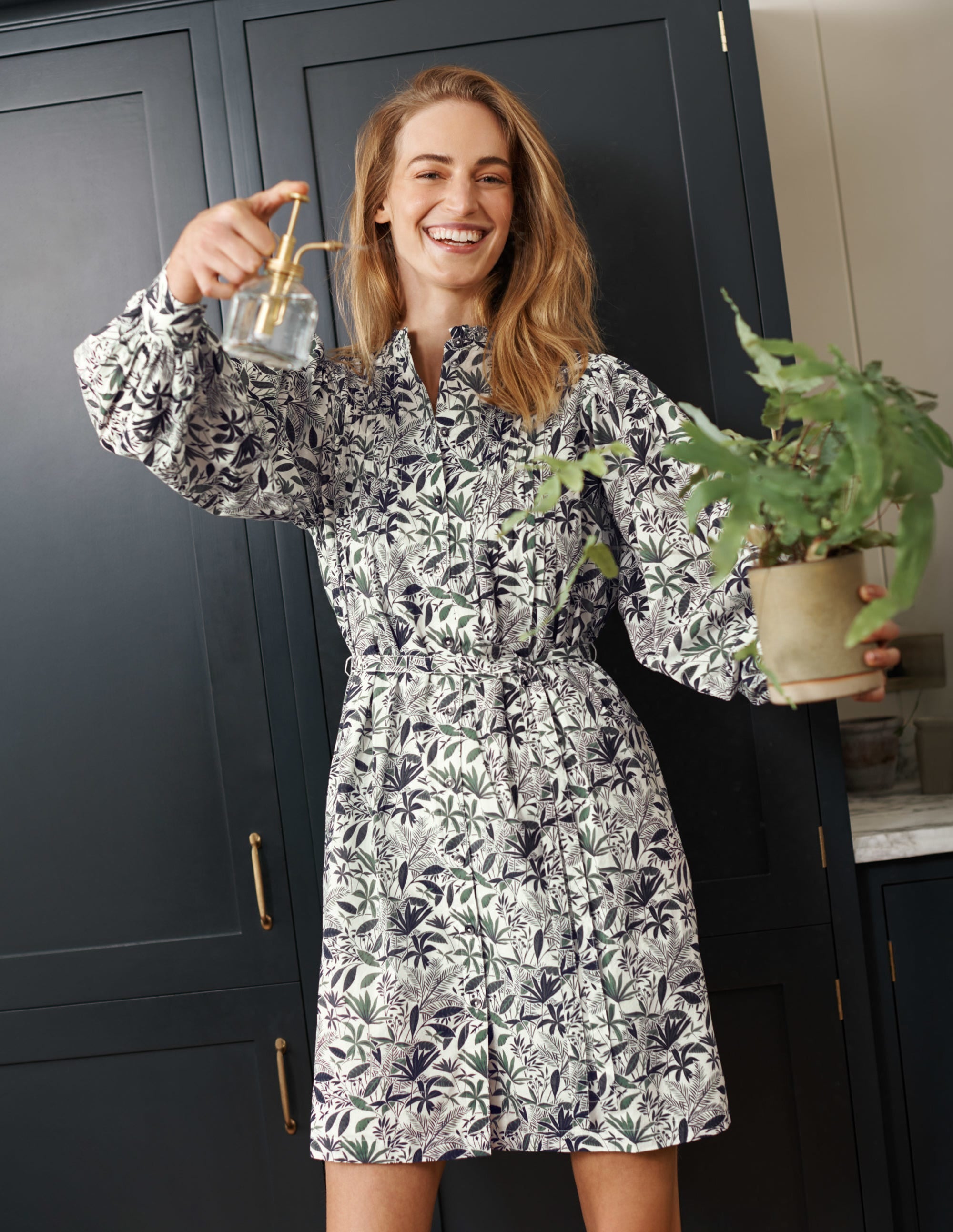 Antonia Cotton Shirt Dress-Ivory, Tropical Palm - Image 4