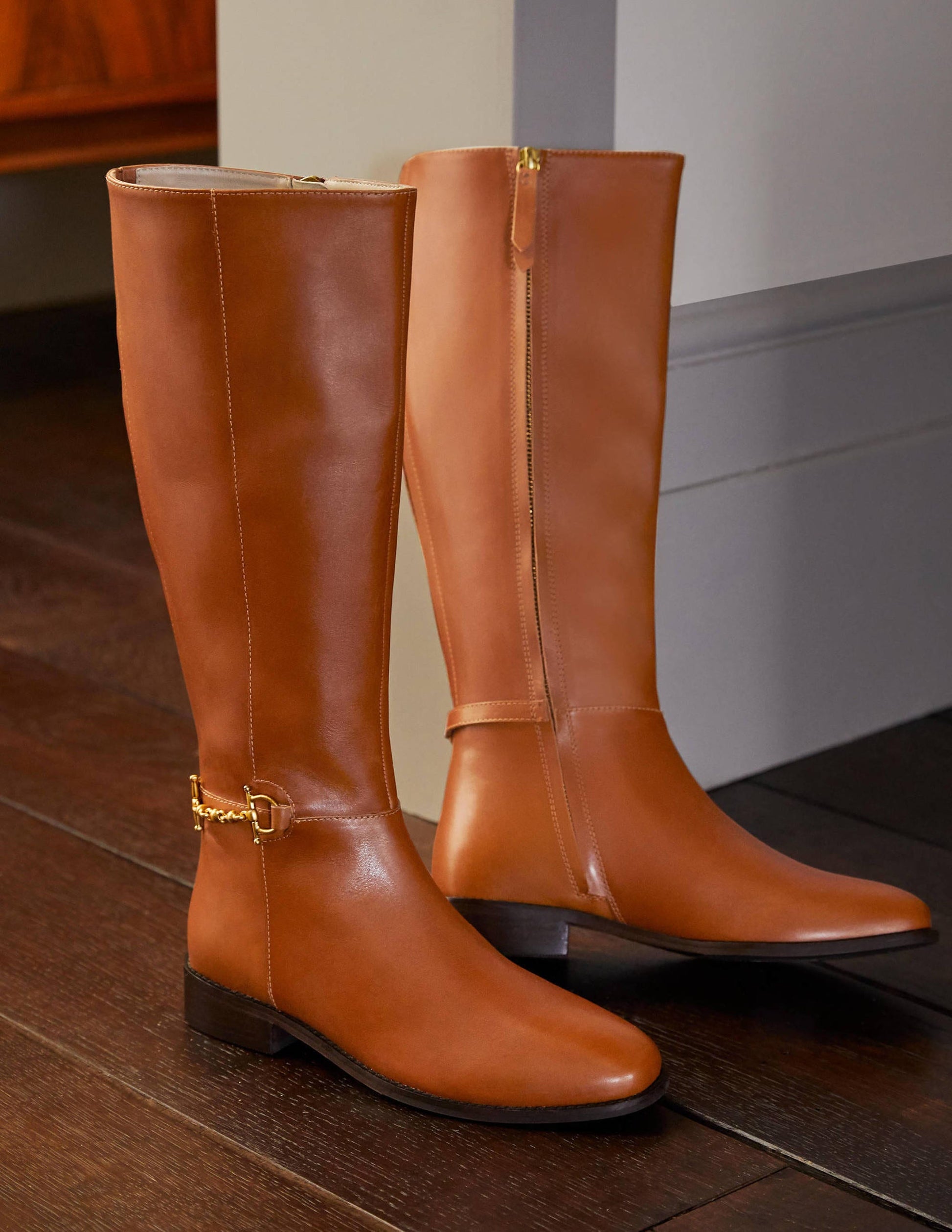 Snaffle Detail Riding Boots-Dark Tan-1