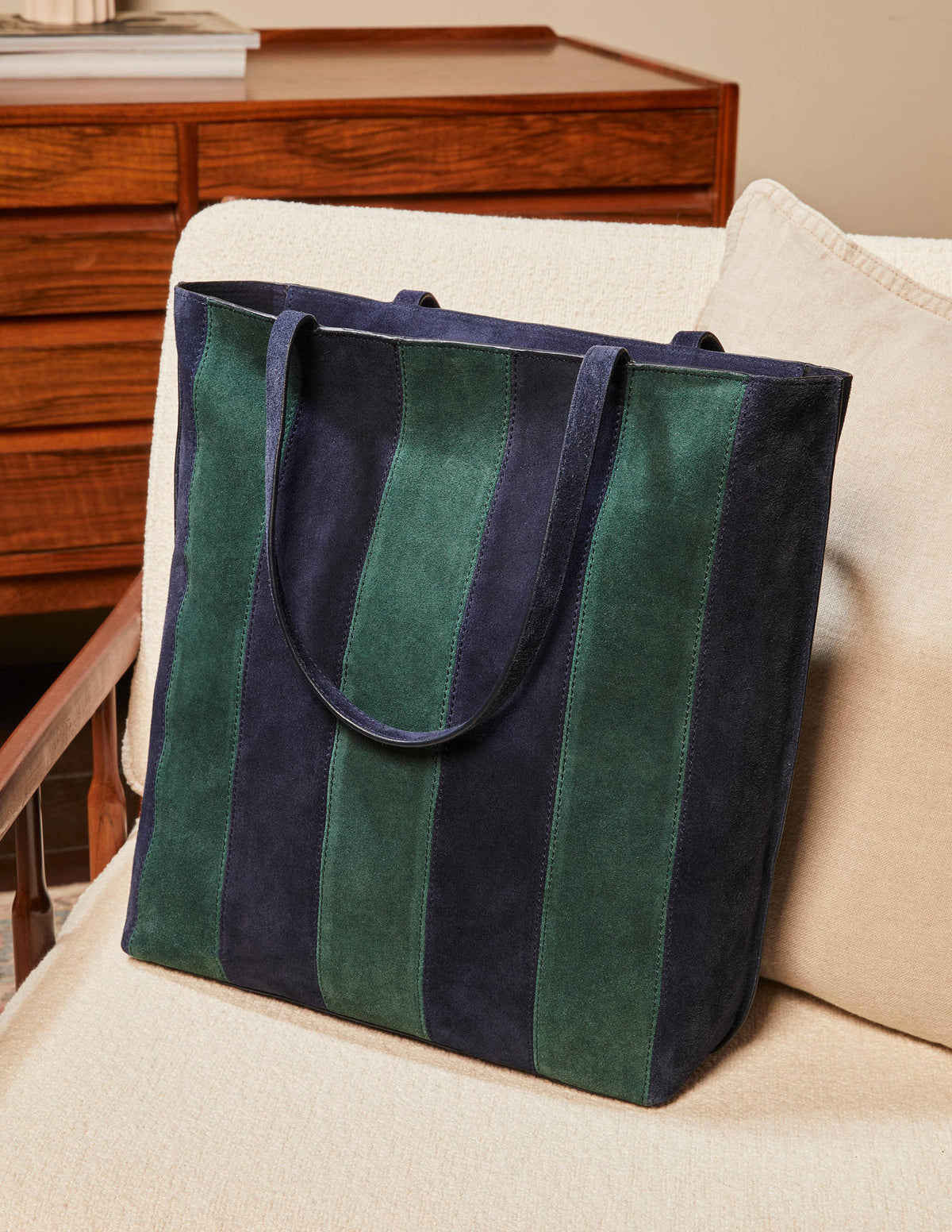 Stripe Leather Tote Bag-Navy - Image 1