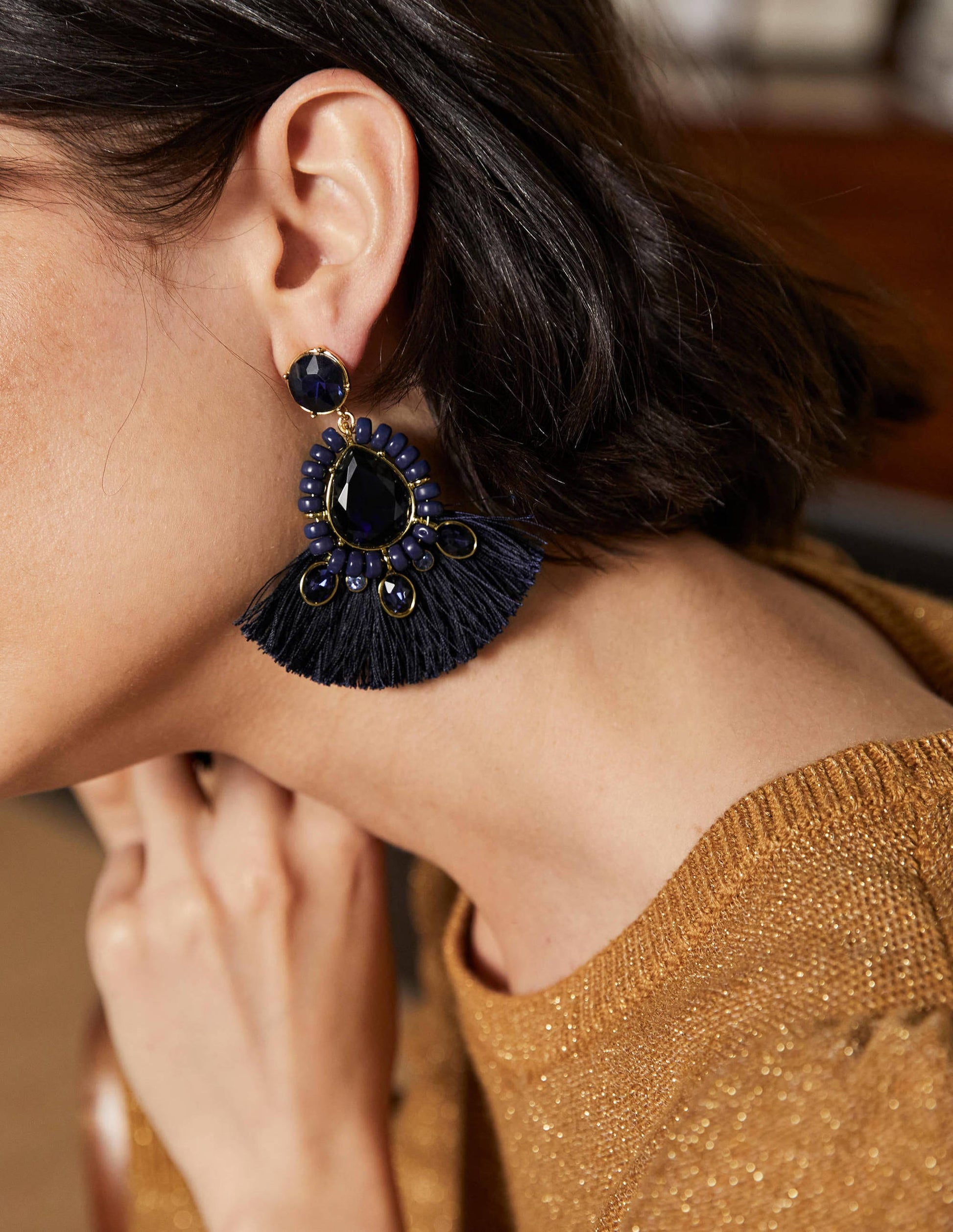 Jewelled Fringe Earrings-Navy-1