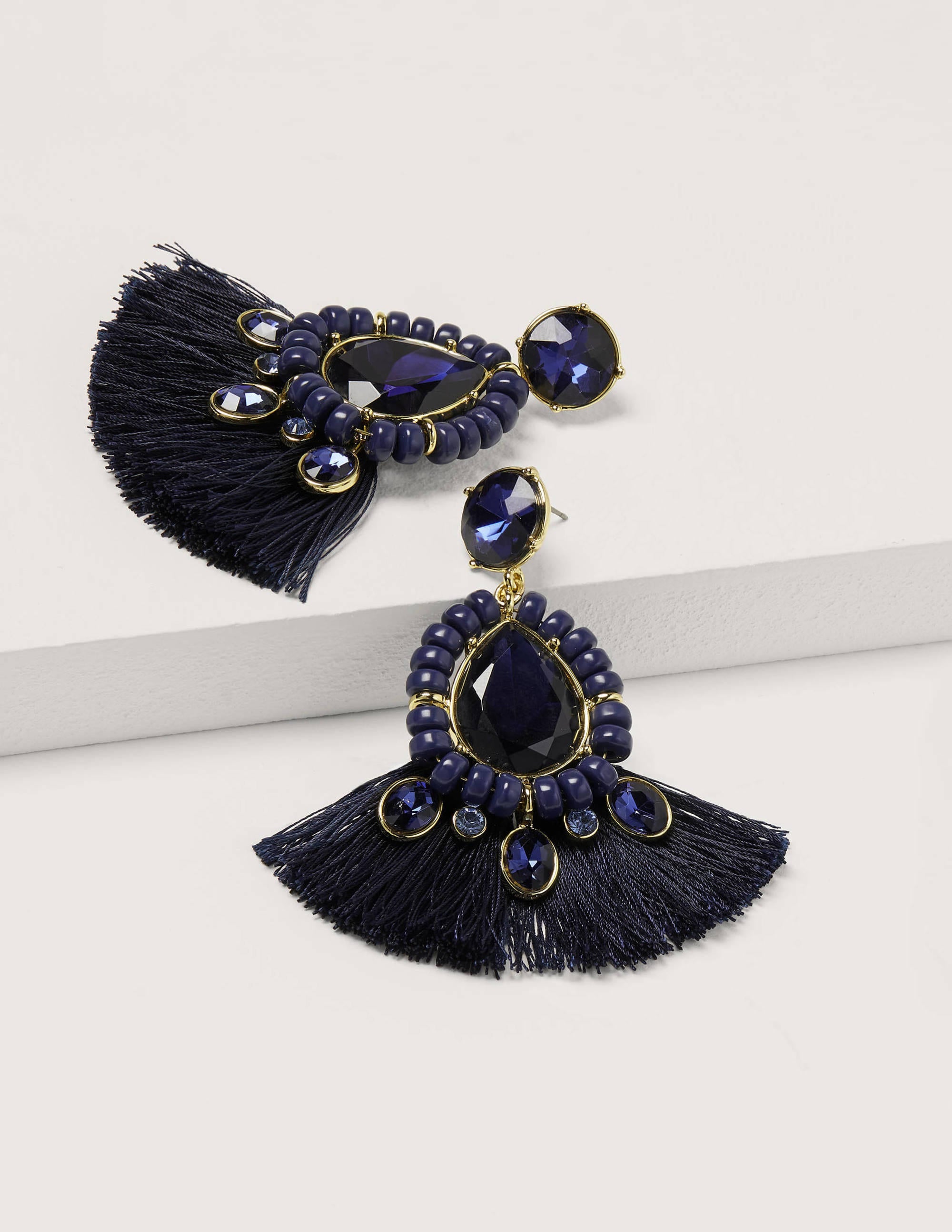 Jewelled Fringe Earrings-Navy - Image 2