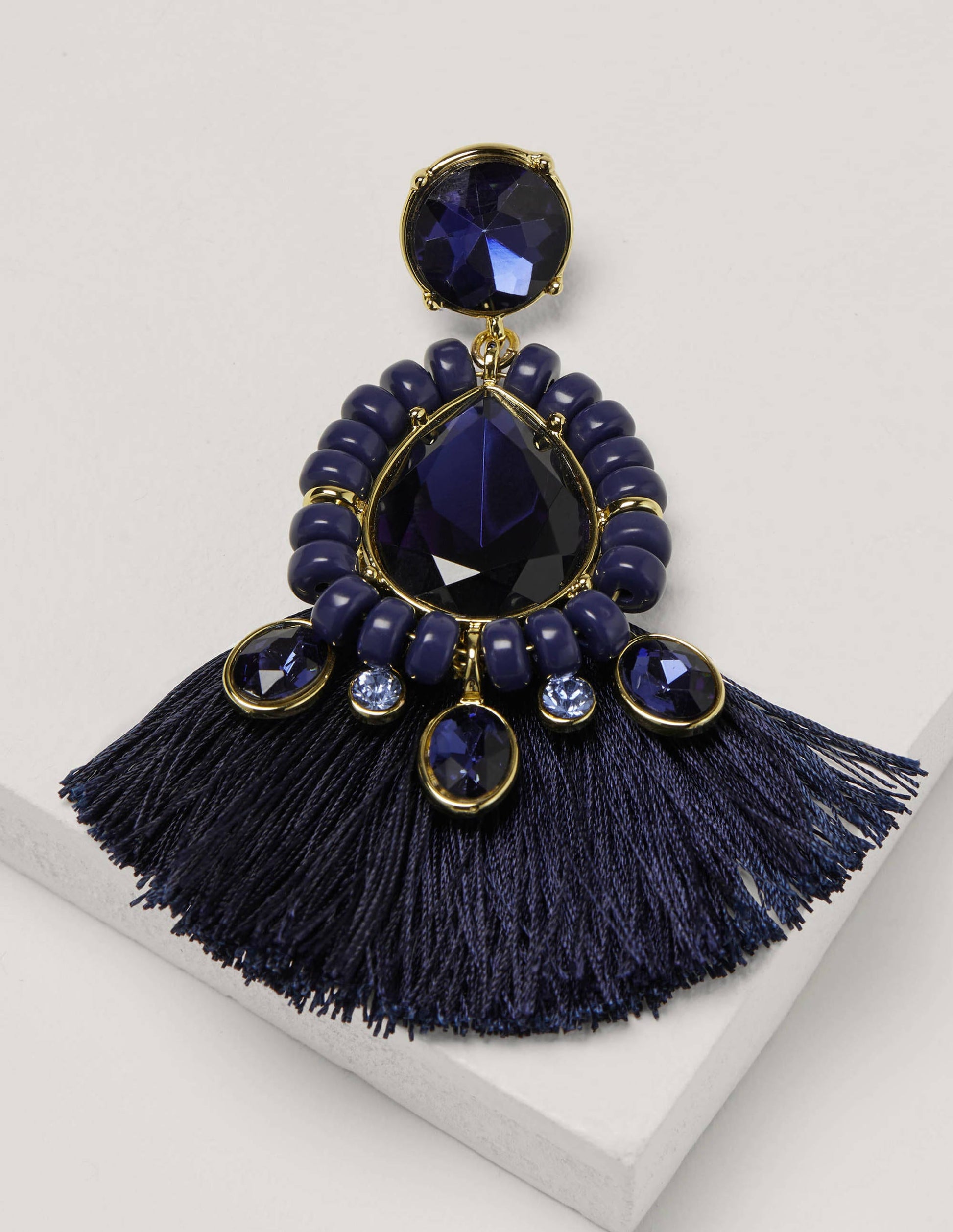 Jewelled Fringe Earrings-Navy-3