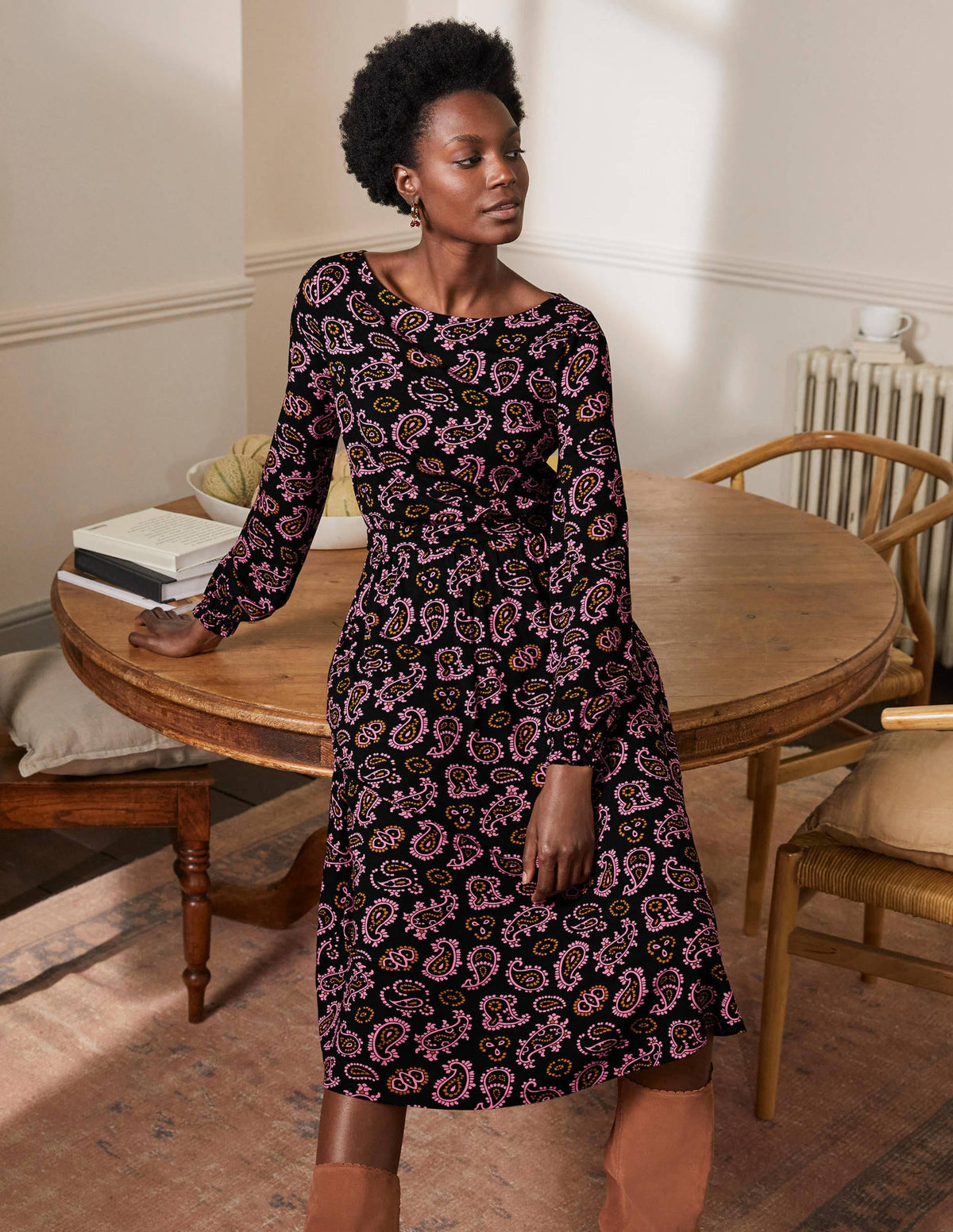 Evelyn Jersey Midi Dress-Azalea, Intricate Paisley-4