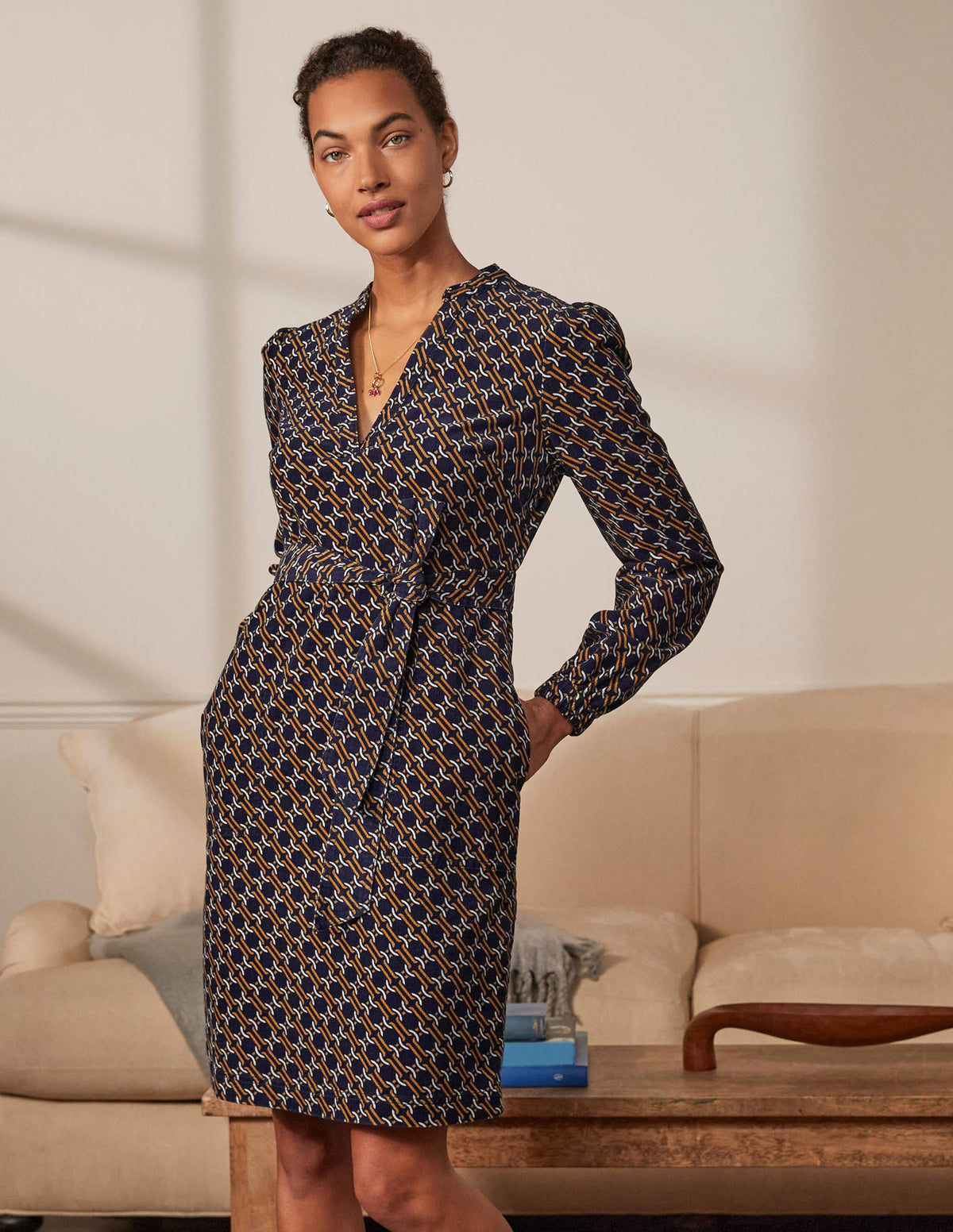 Esmeralda Tie Waist Dress-Navy, Chain Geo - Image 4