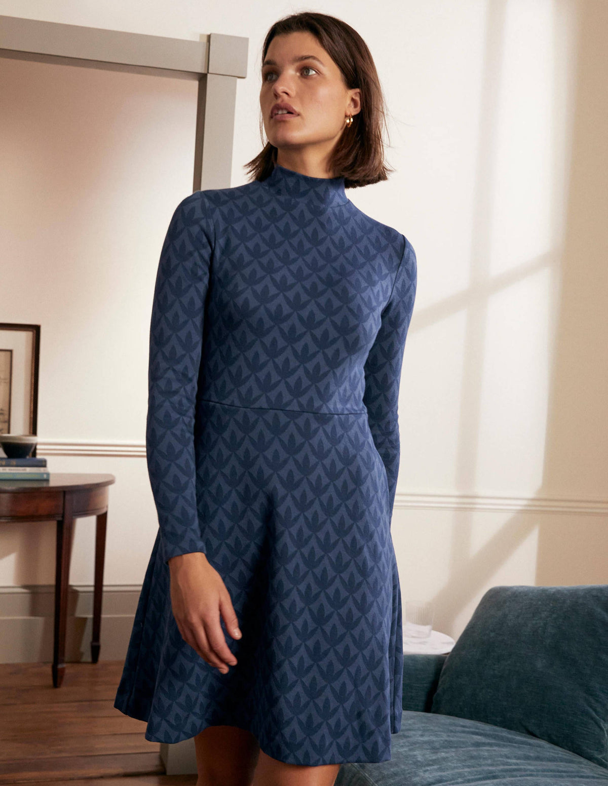 High Neck Jacquard Dress-Night Blue, Petal Geo - Image 1