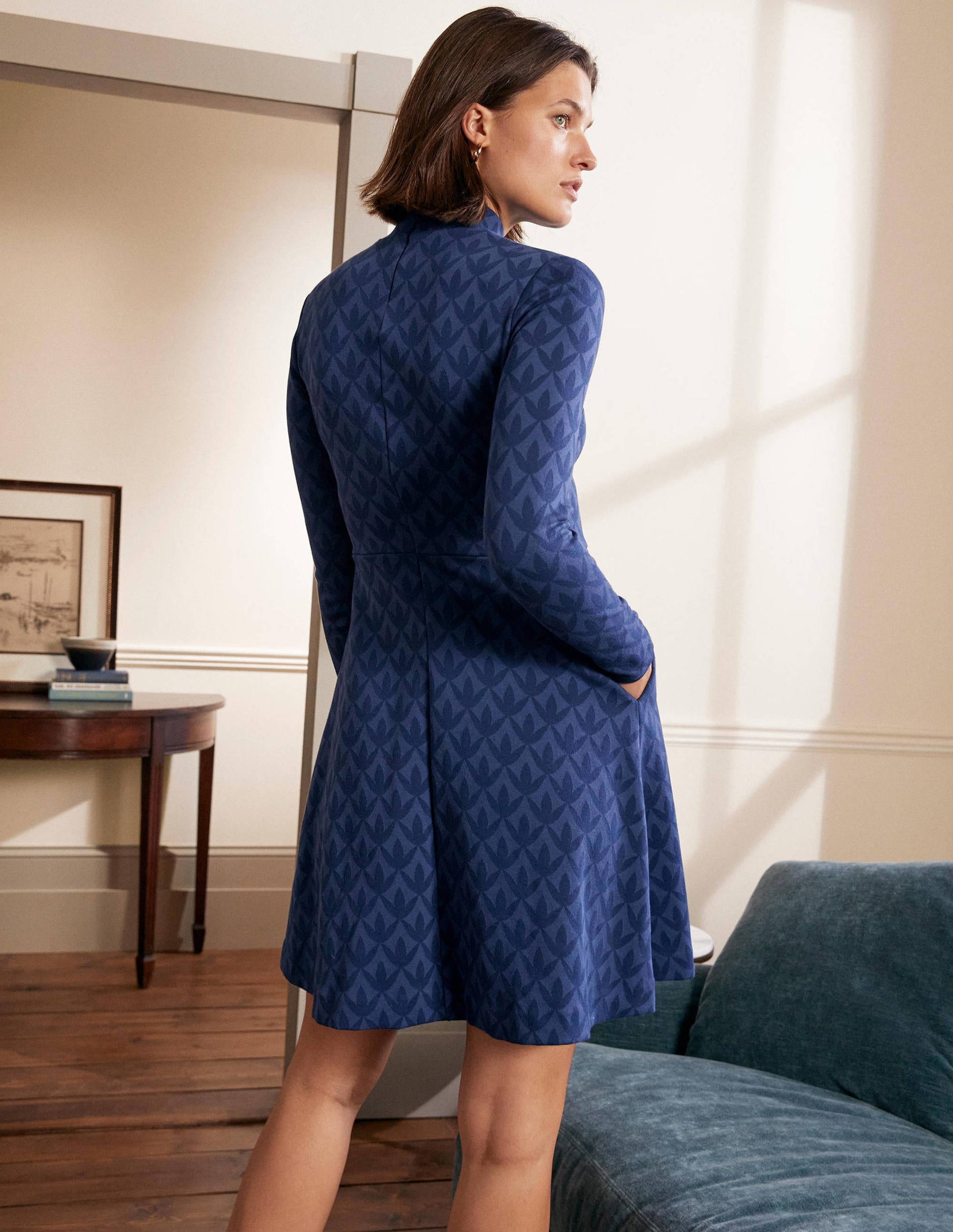 High Neck Jacquard Dress-Night Blue, Petal Geo-3