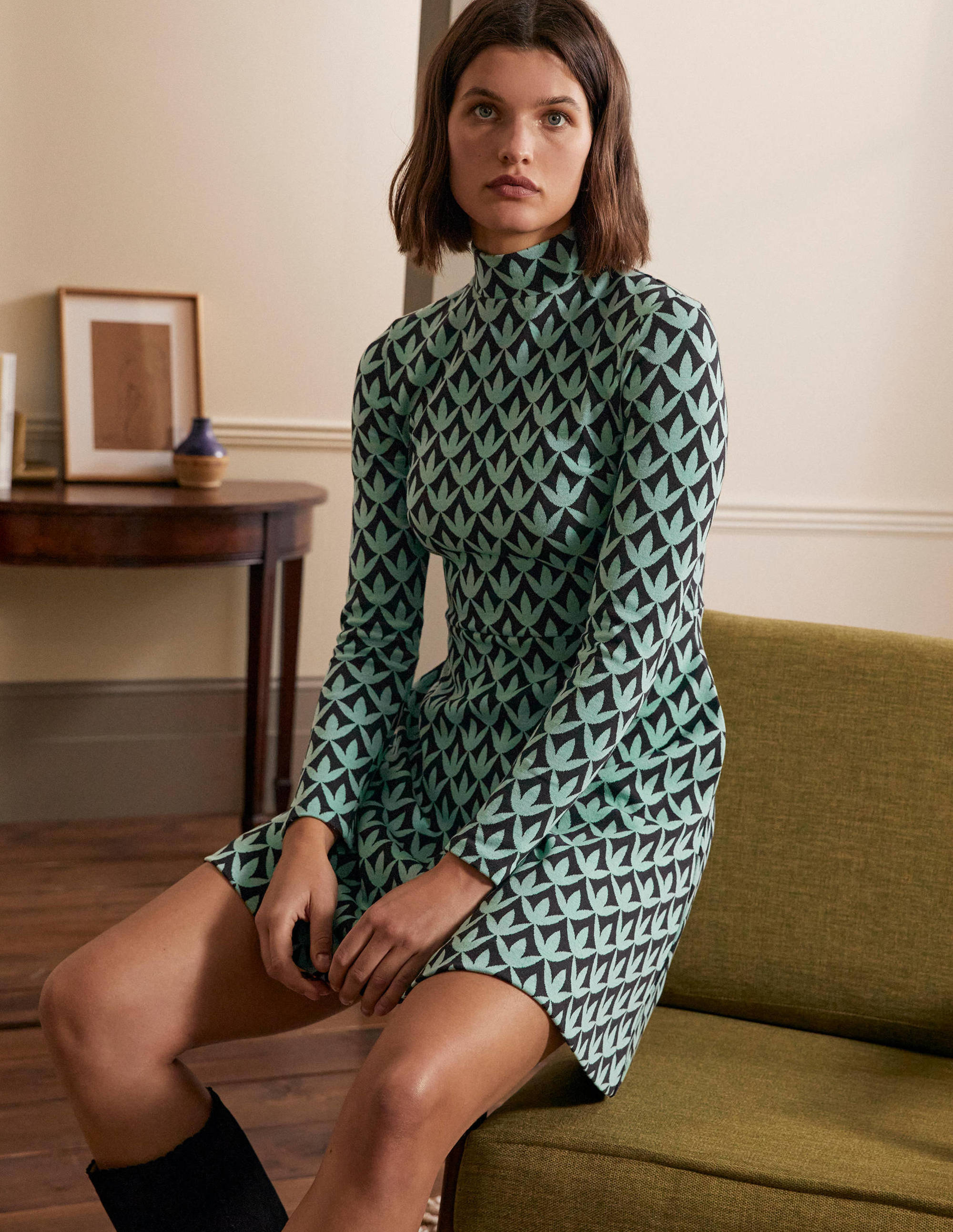 High Neck Jacquard Dress-Csarite, Petal Geo - Image 1