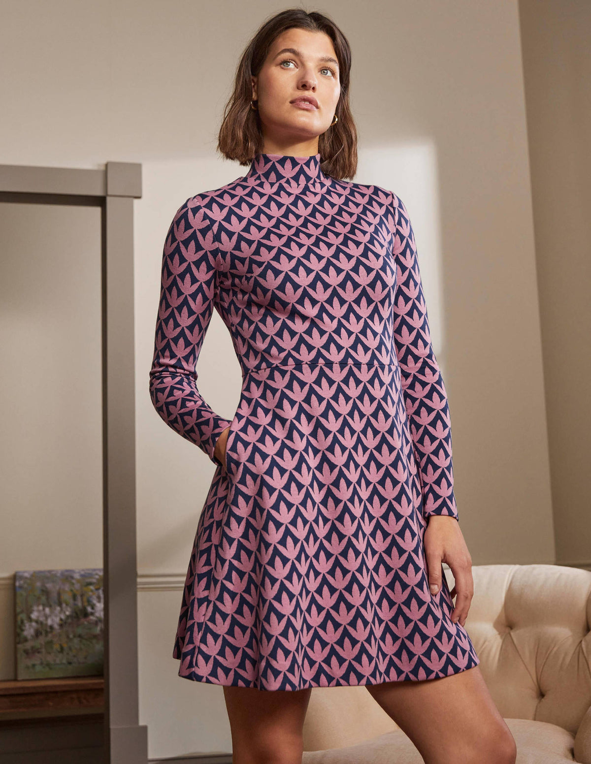High Neck Jacquard Dress-Dust Cloud Pink, Petal Geo - Image 1