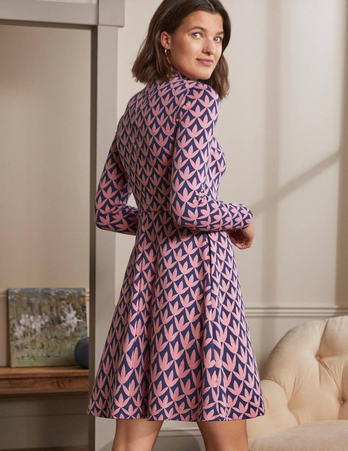 High Neck Jacquard Dress-Dust Cloud Pink, Petal Geo-3