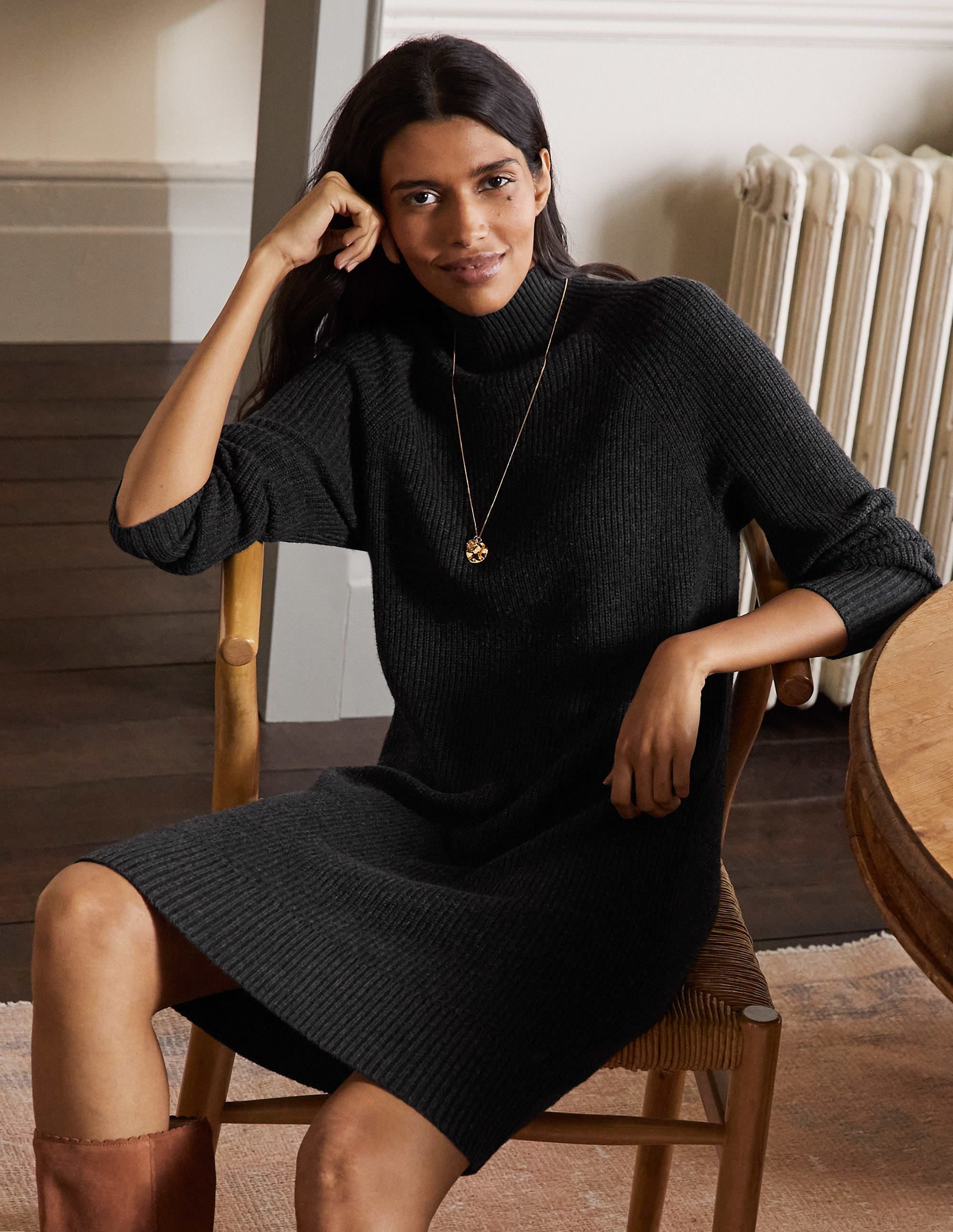 High Neck Knitted Dress-Charcoal Melange - Image 1