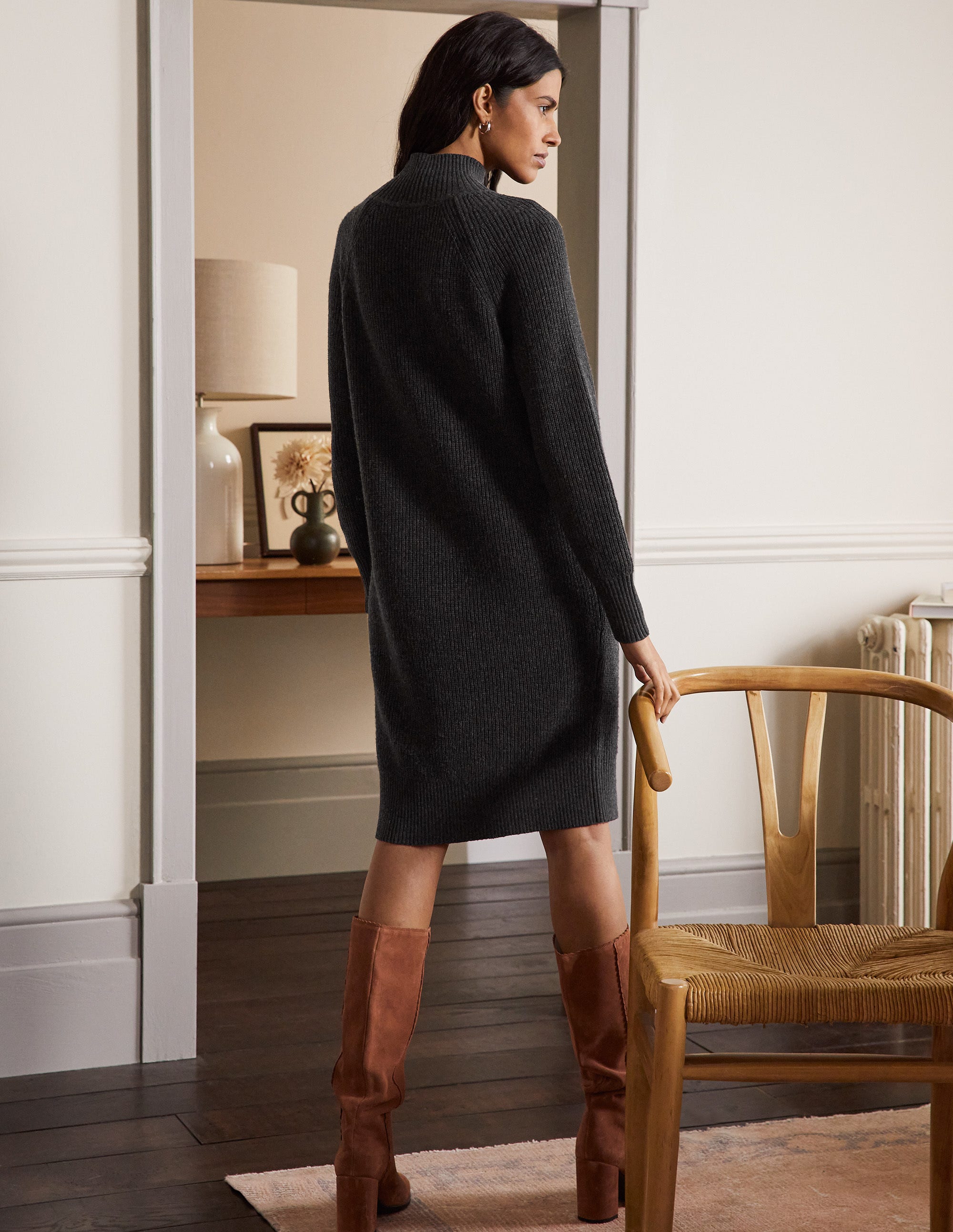 High Neck Knitted Dress-Charcoal Melange - Image 3