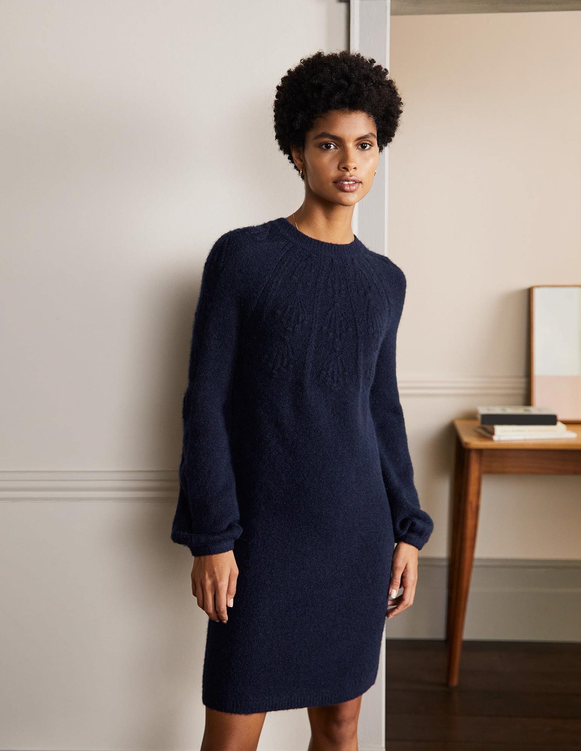 Cable Knitted Dress-Navy-1