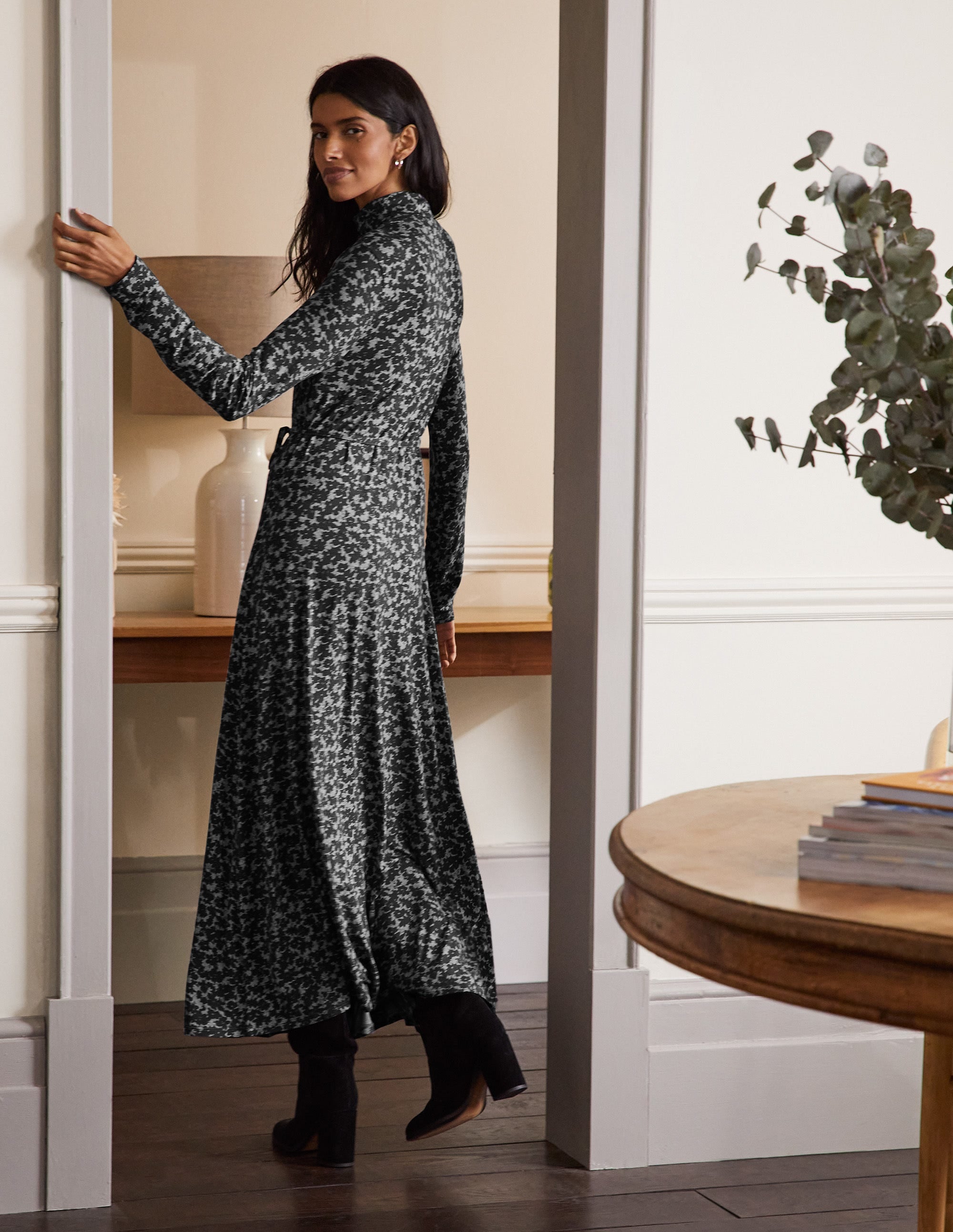 Roll Neck Jersey Midi Dress-Grey Marl, Camo Floral - Image 3