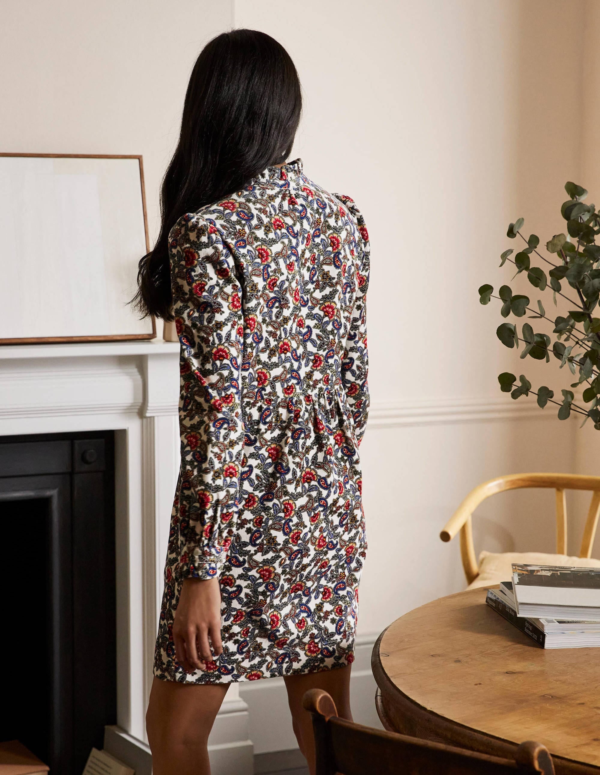Ruffle Neck Cord Dress-Ivory, Exotic Floral - Image 3