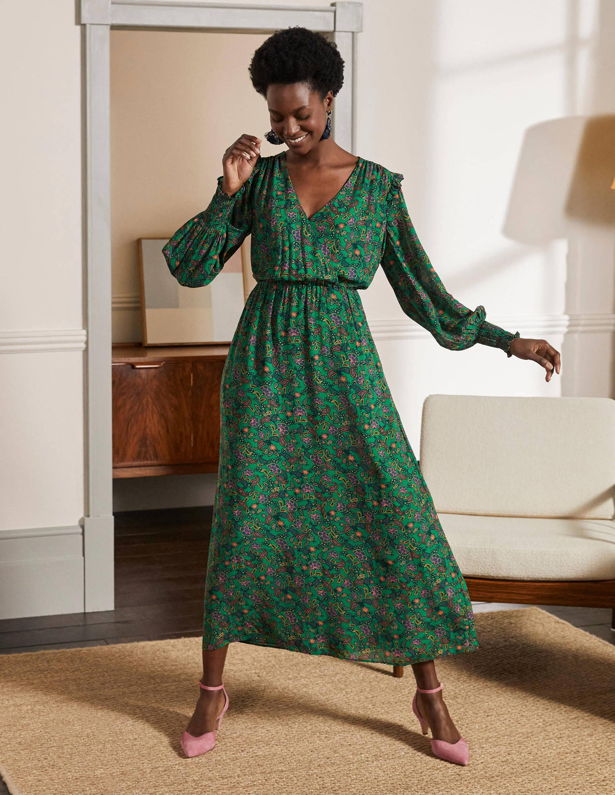 Becky Midi Wrap Dress-Highland Green, Exotic Floral - Image 1