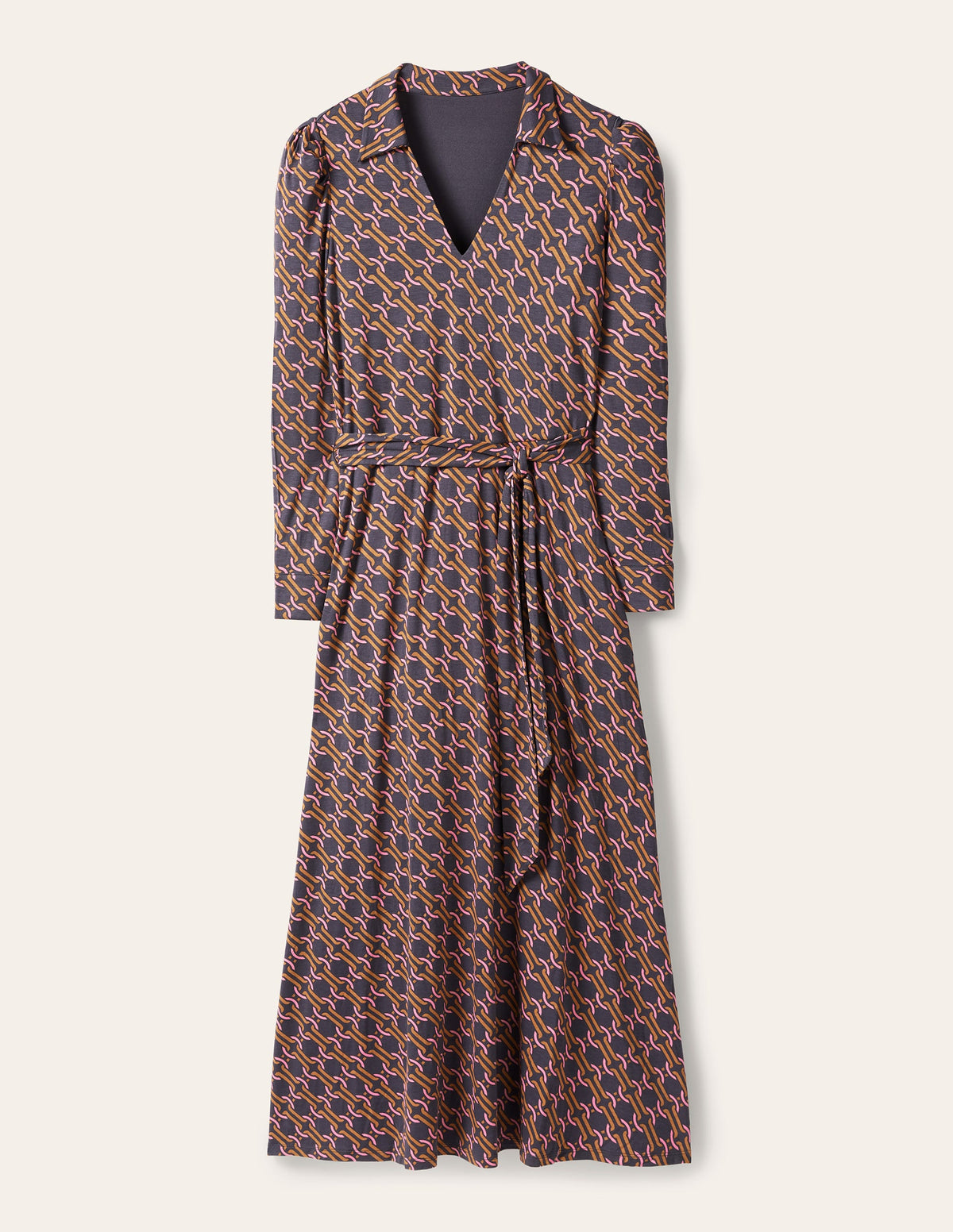 Collar Jersey Midi Dress-Ochre, Chain Geo - Image 5