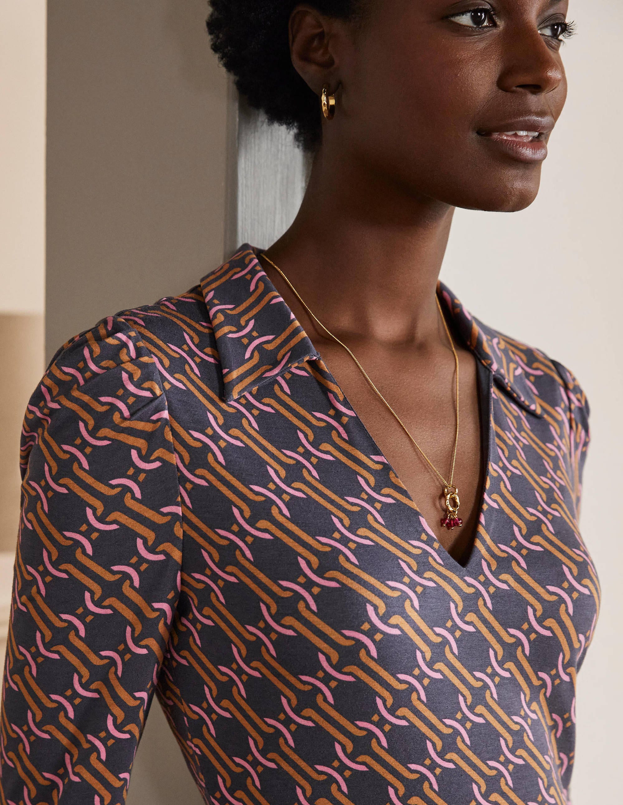 Collar Jersey Midi Dress-Ochre, Chain Geo - Image 2