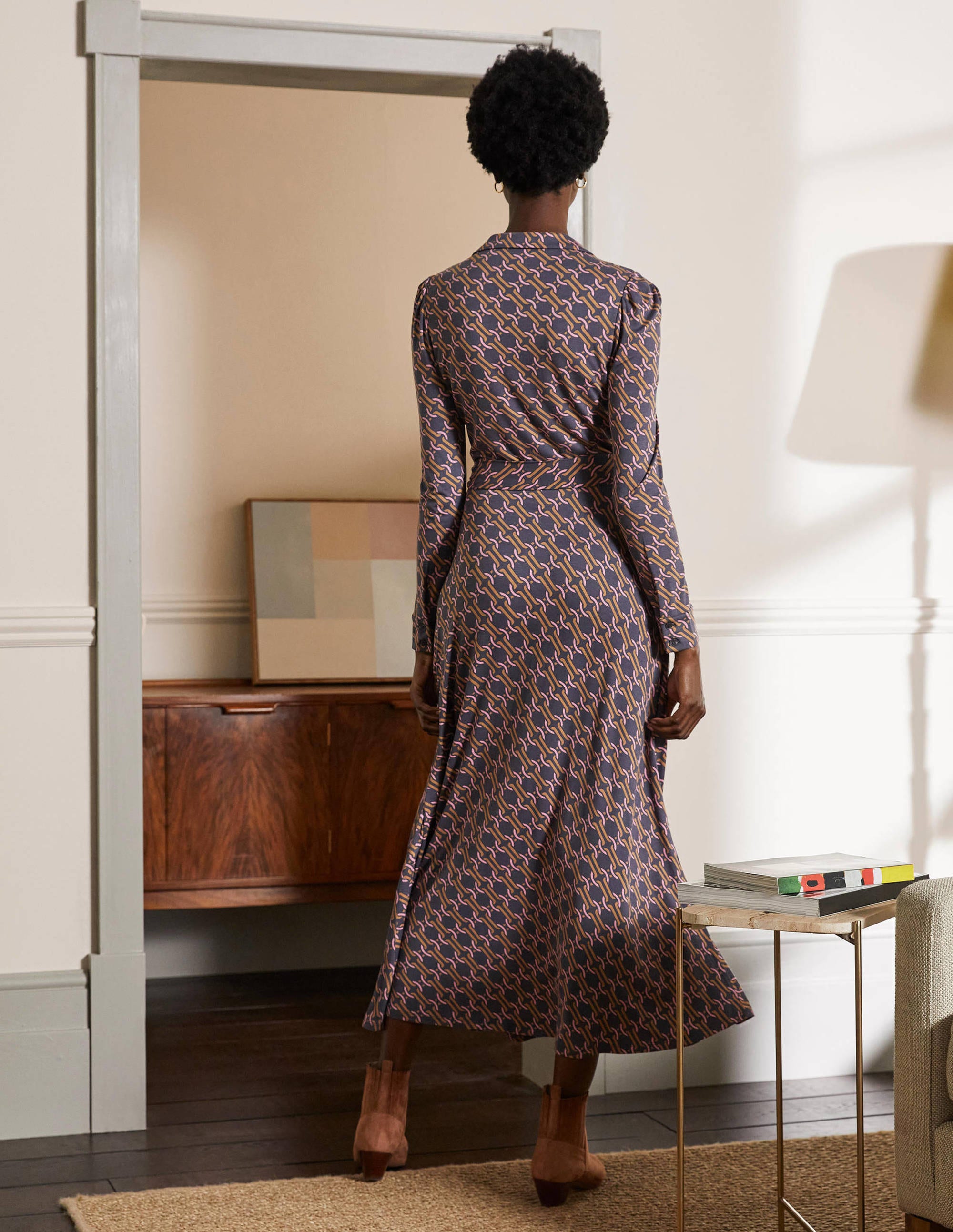 Collar Jersey Midi Dress-Ochre, Chain Geo - Image 3