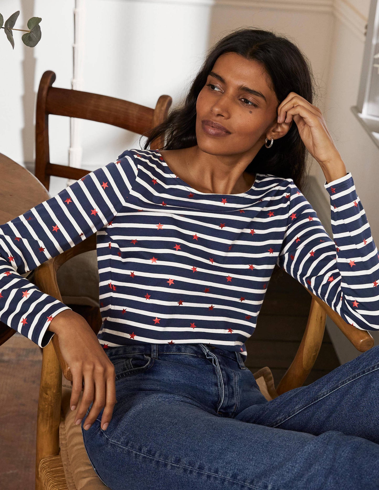 Long Sleeve Breton Top-Navy/ Ivory Red Foil Star