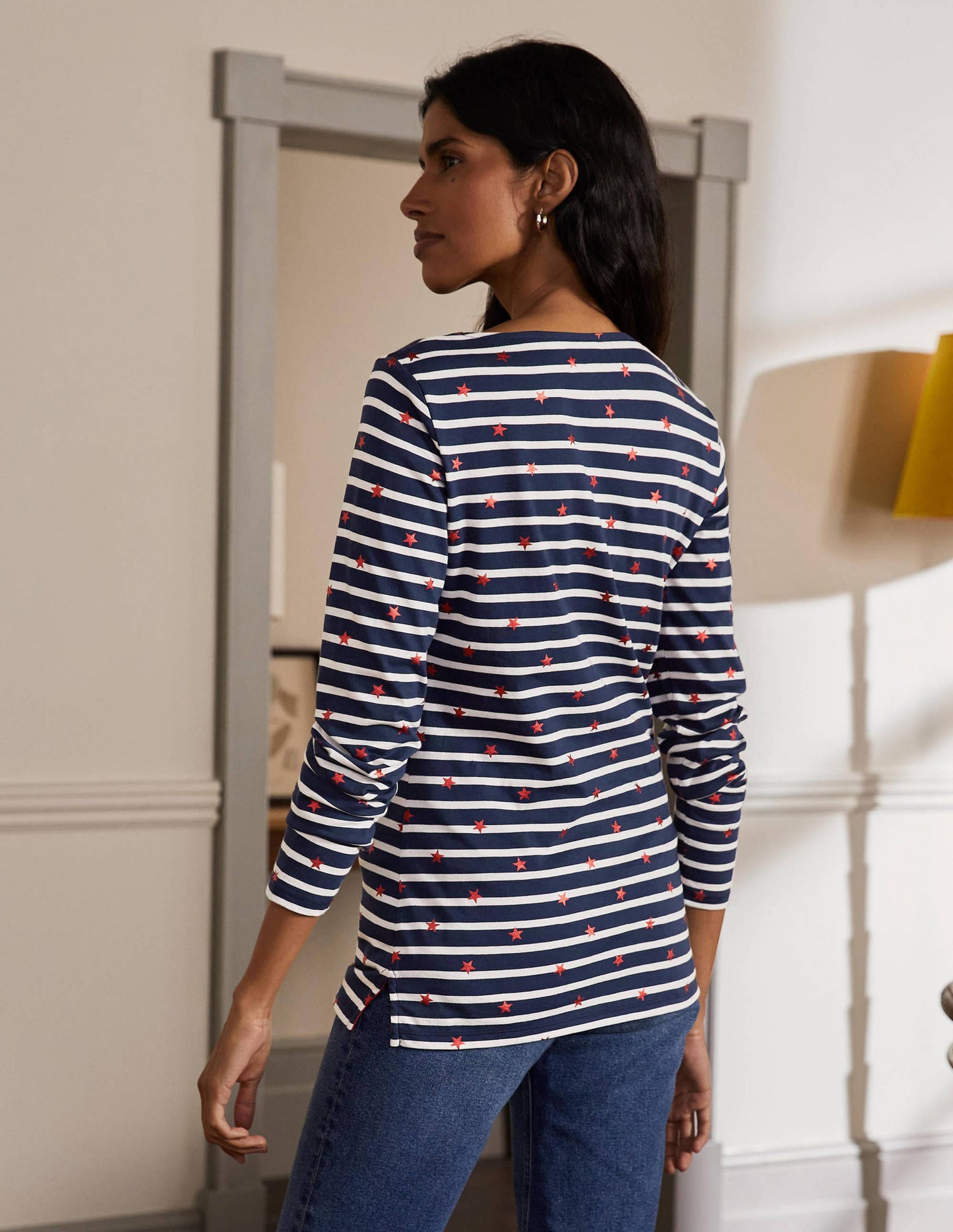 Long Sleeve Breton Top-Navy/ Ivory Red Foil Star