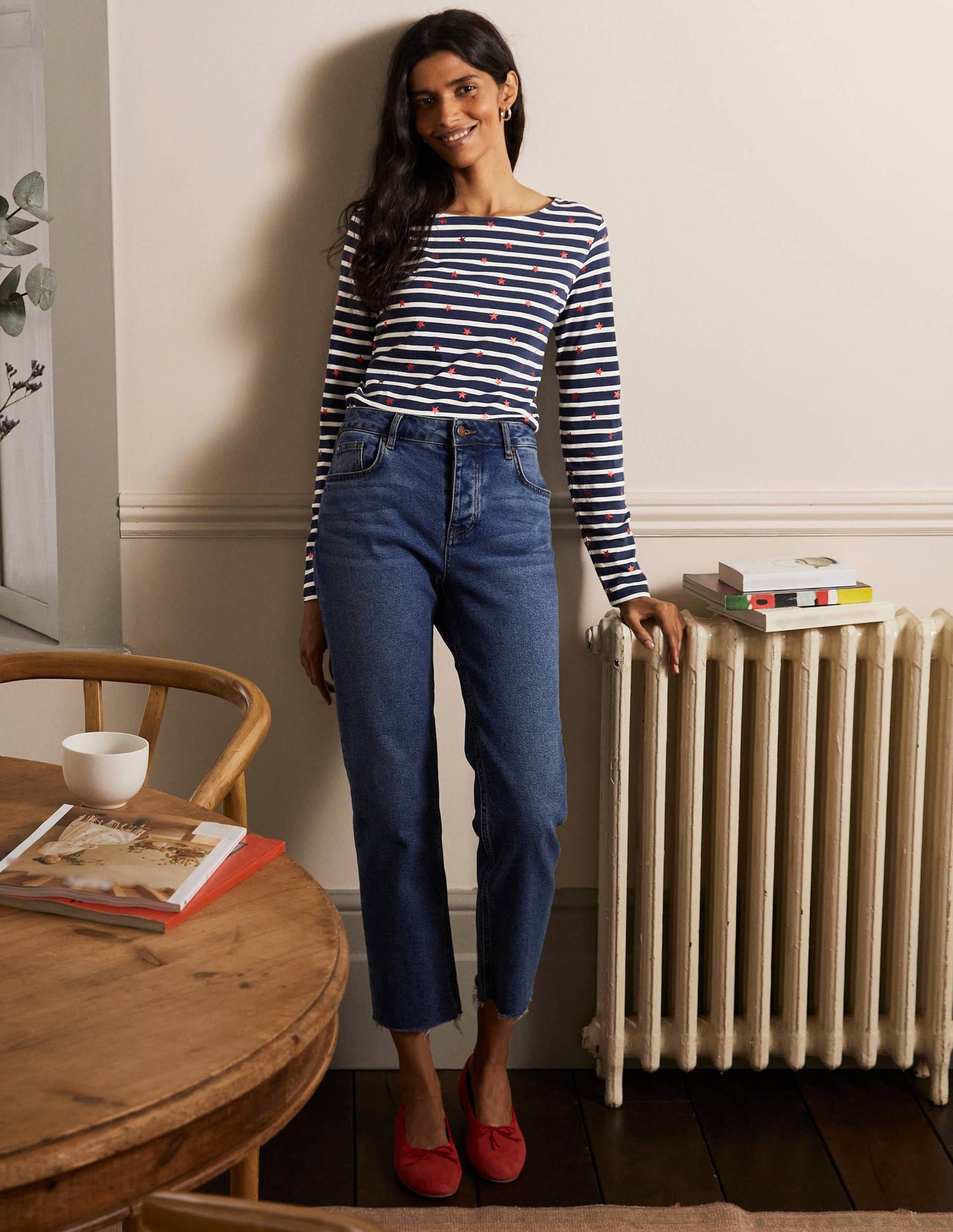 Long Sleeve Breton Top-Navy/ Ivory Red Foil Star