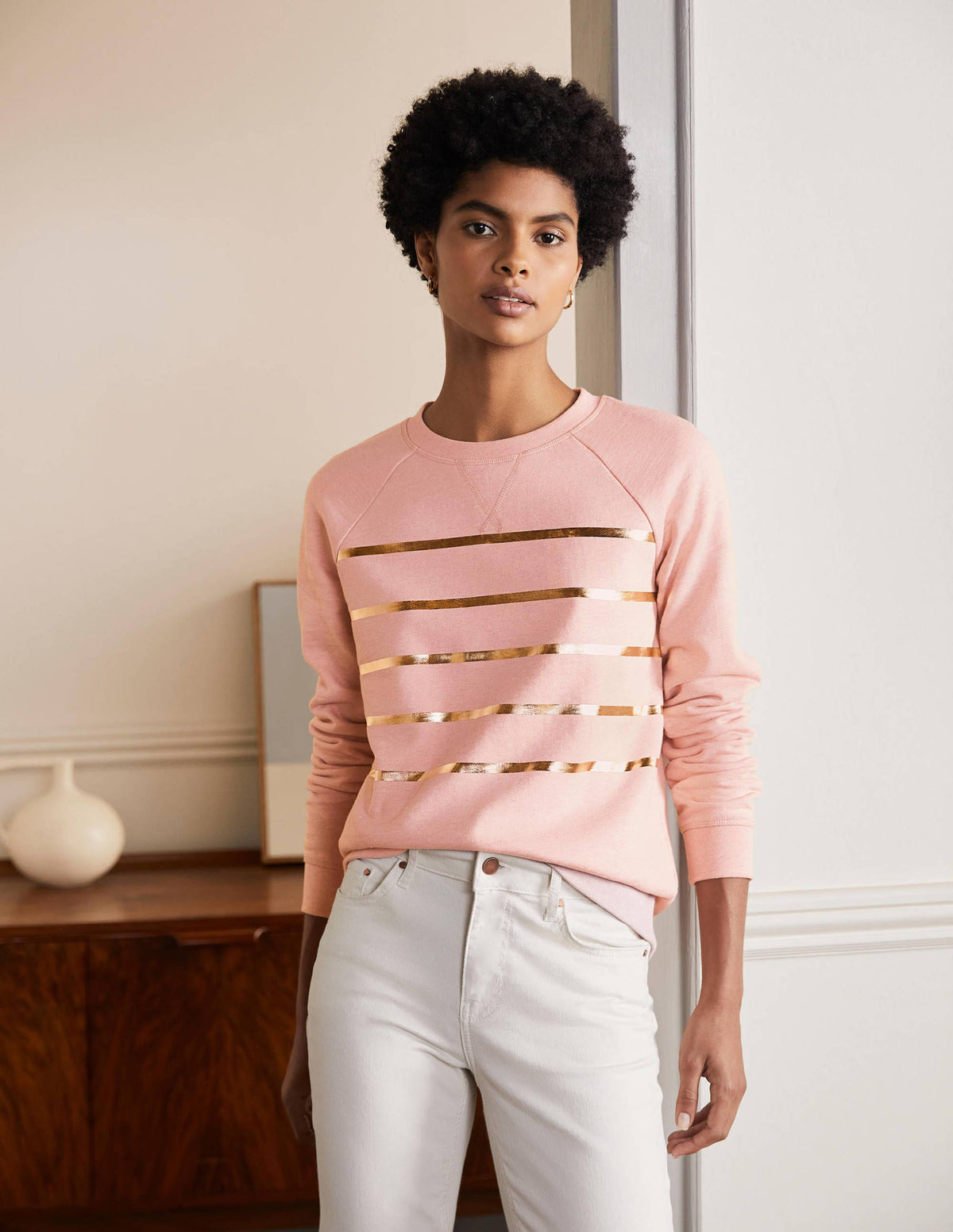 Printed Cotton Sweatshirt-Pink Marl, Gold Foil Stripe - Image 1