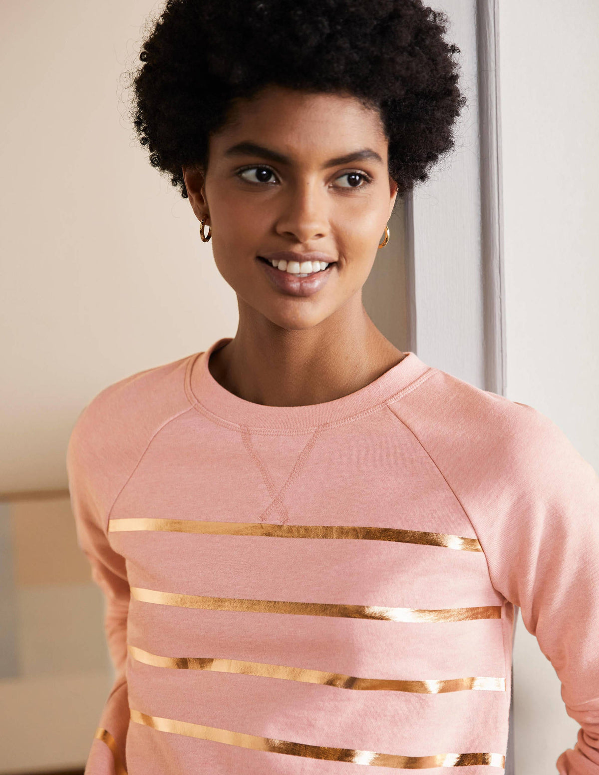 Printed Cotton Sweatshirt-Pink Marl, Gold Foil Stripe-2
