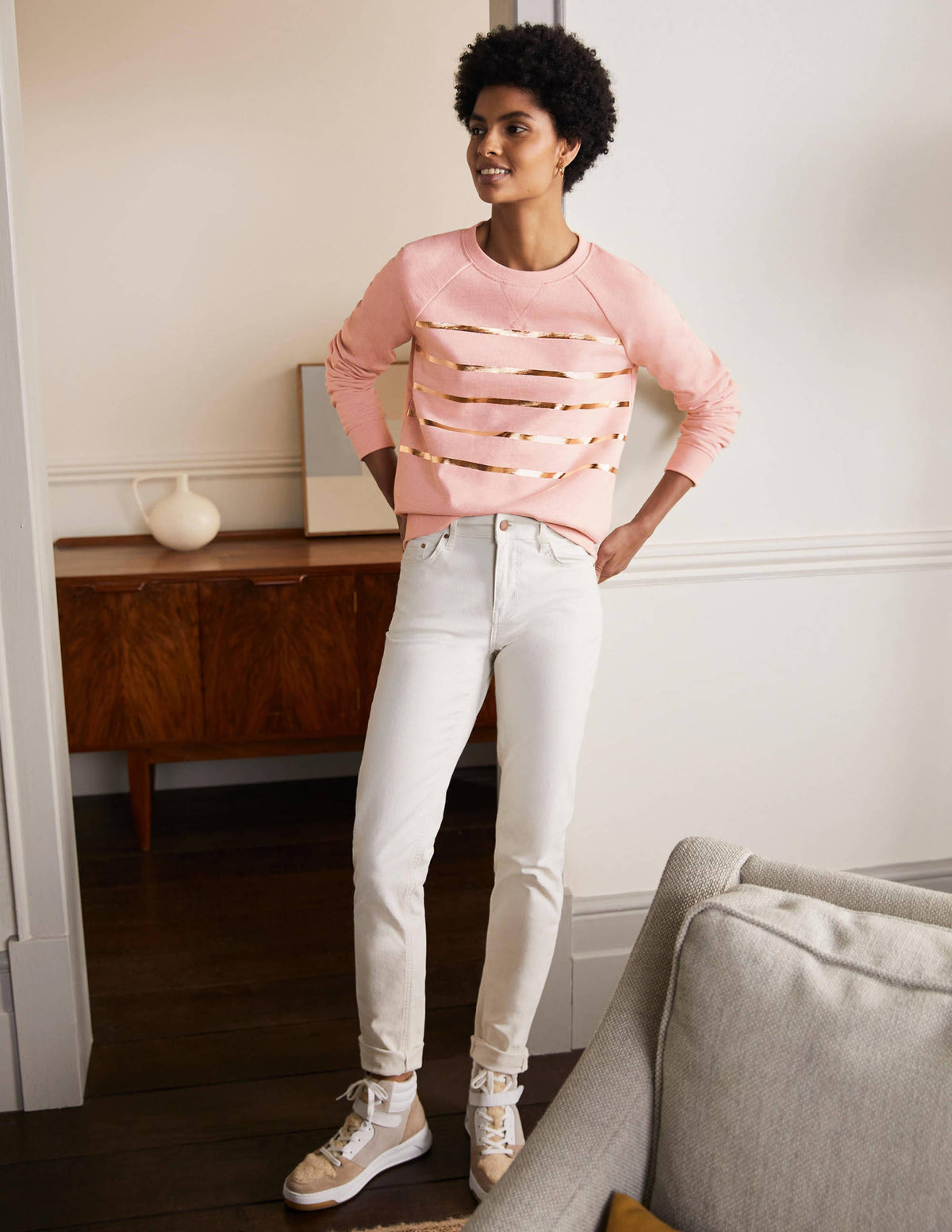 Printed Cotton Sweatshirt-Pink Marl, Gold Foil Stripe - Image 4