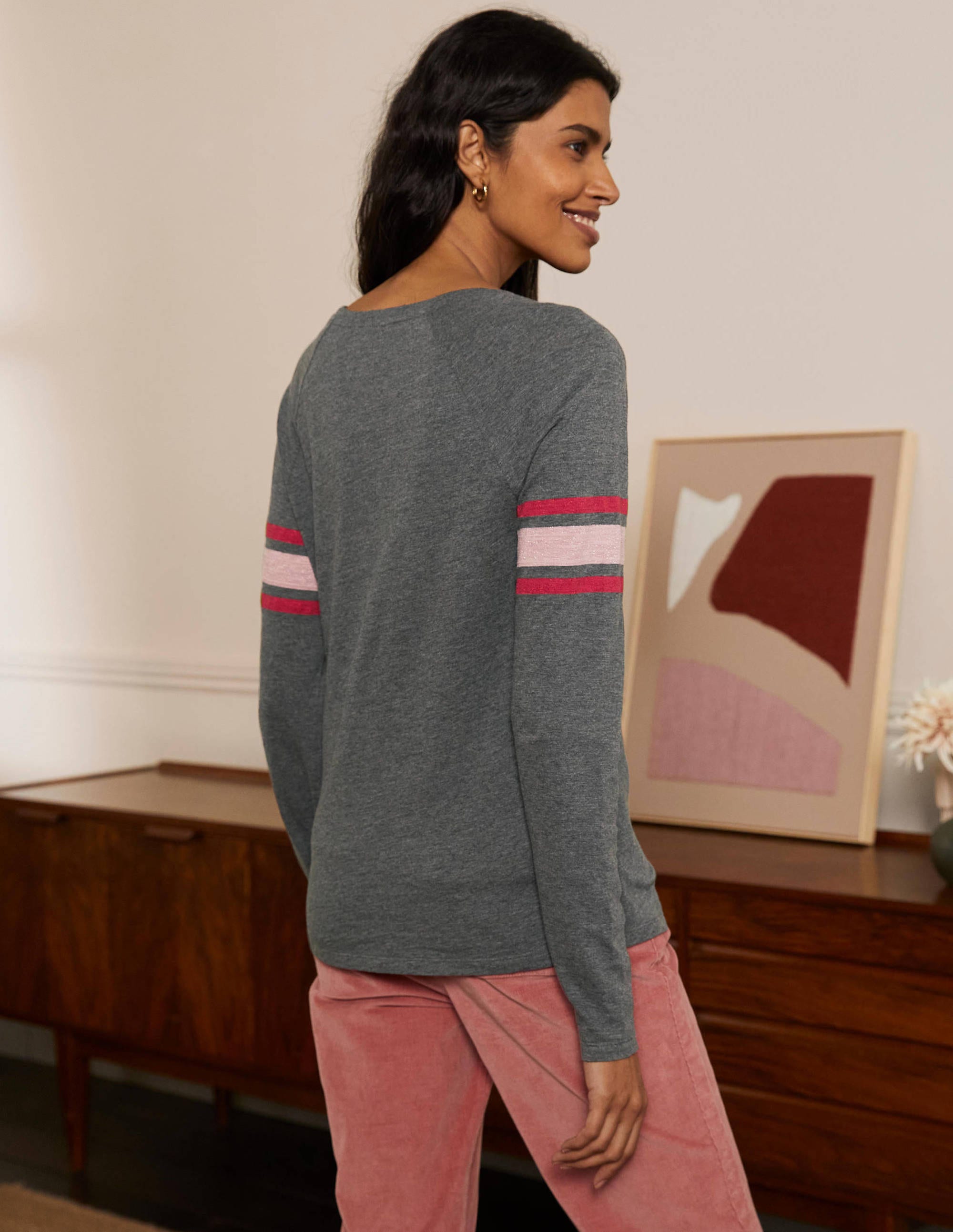 Lorna Baseball Jersey Top-Charcoal Marl, Lurex Stripe - Image 3