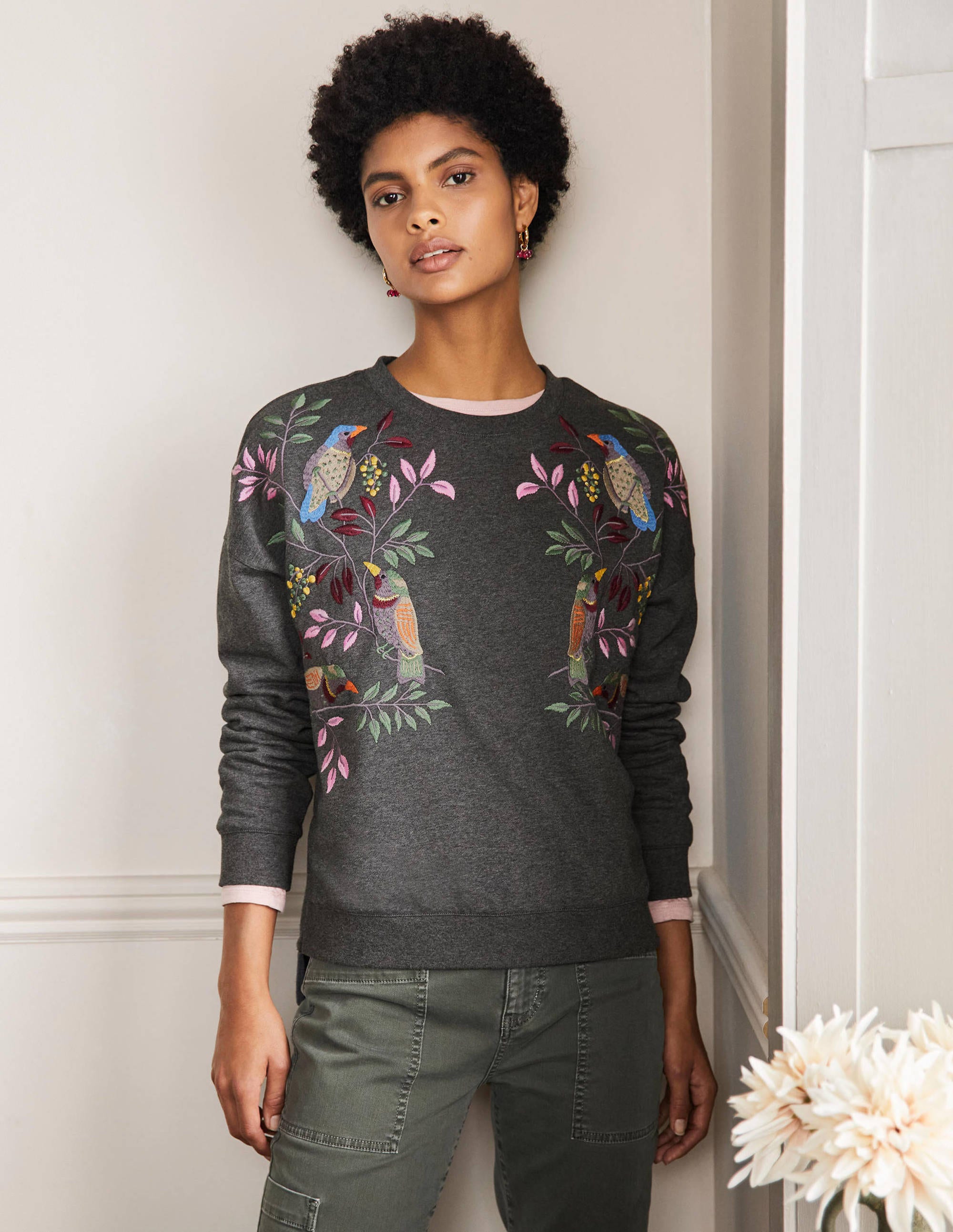 Interest Sweatshirt-Charcoal Marl Bird Embroidery - Image 1