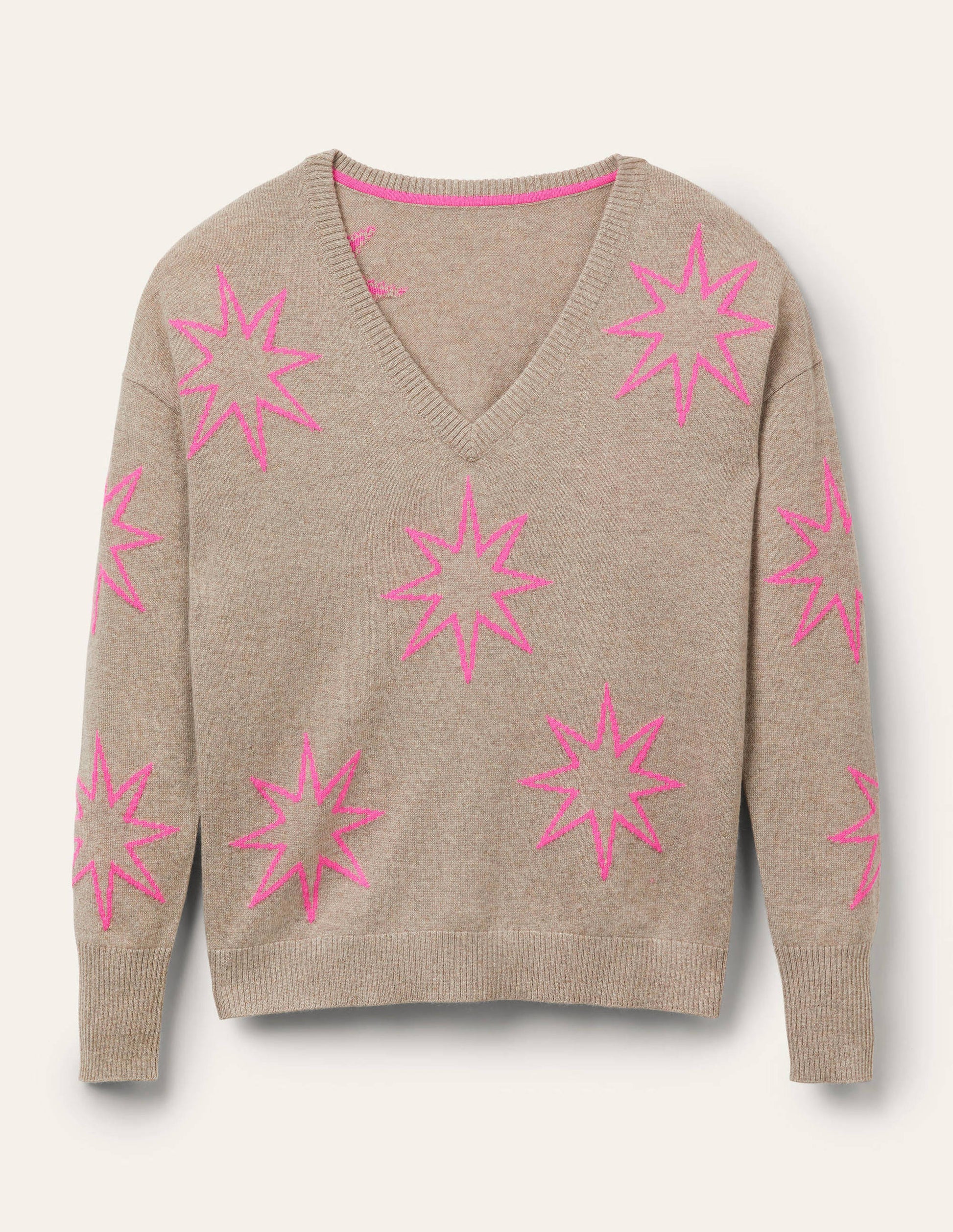Cashmere V-neck Relaxed Jumper-Mink Melange, Neon Starburst-5