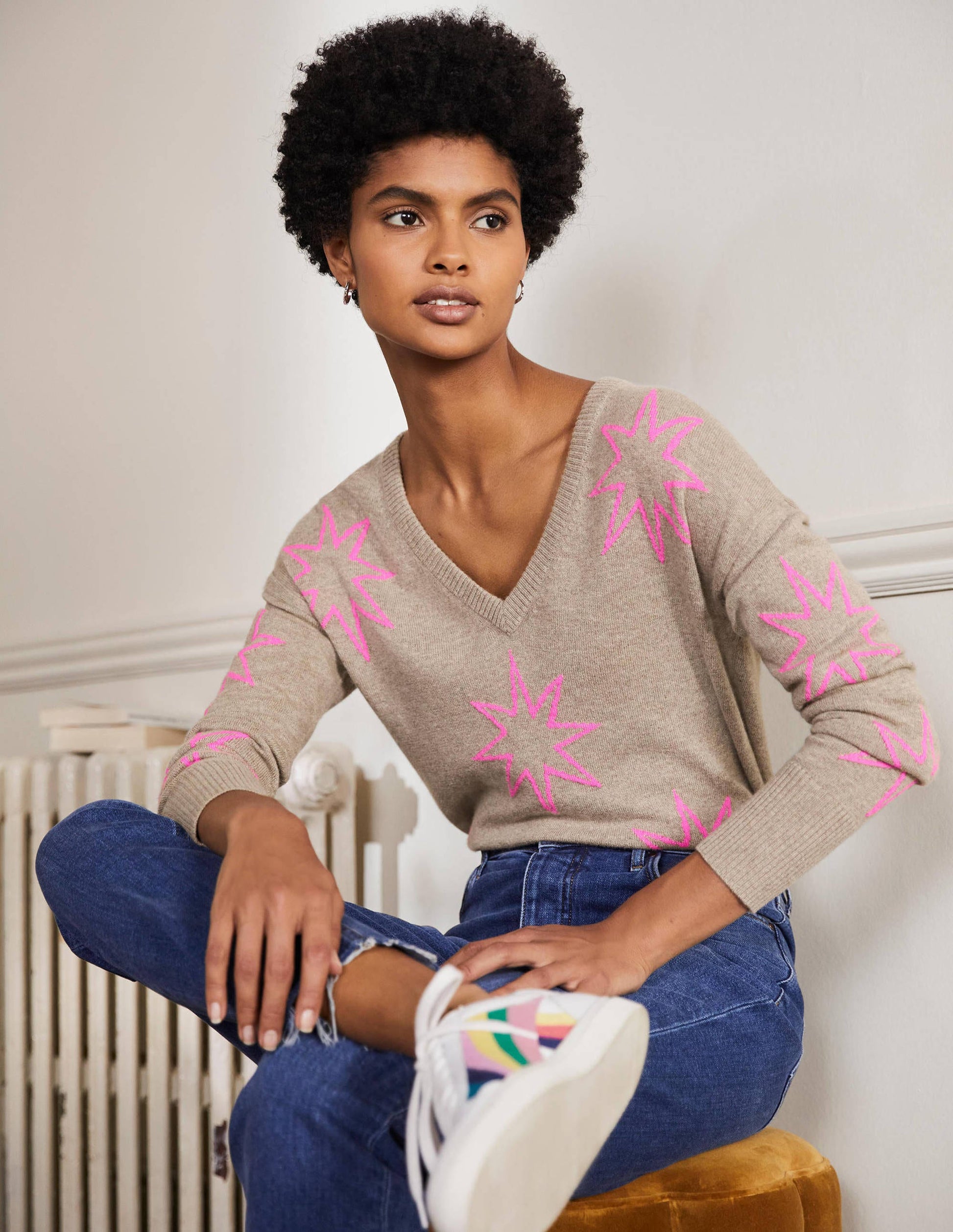 Cashmere V-neck Relaxed Jumper-Mink Melange, Neon Starburst-1