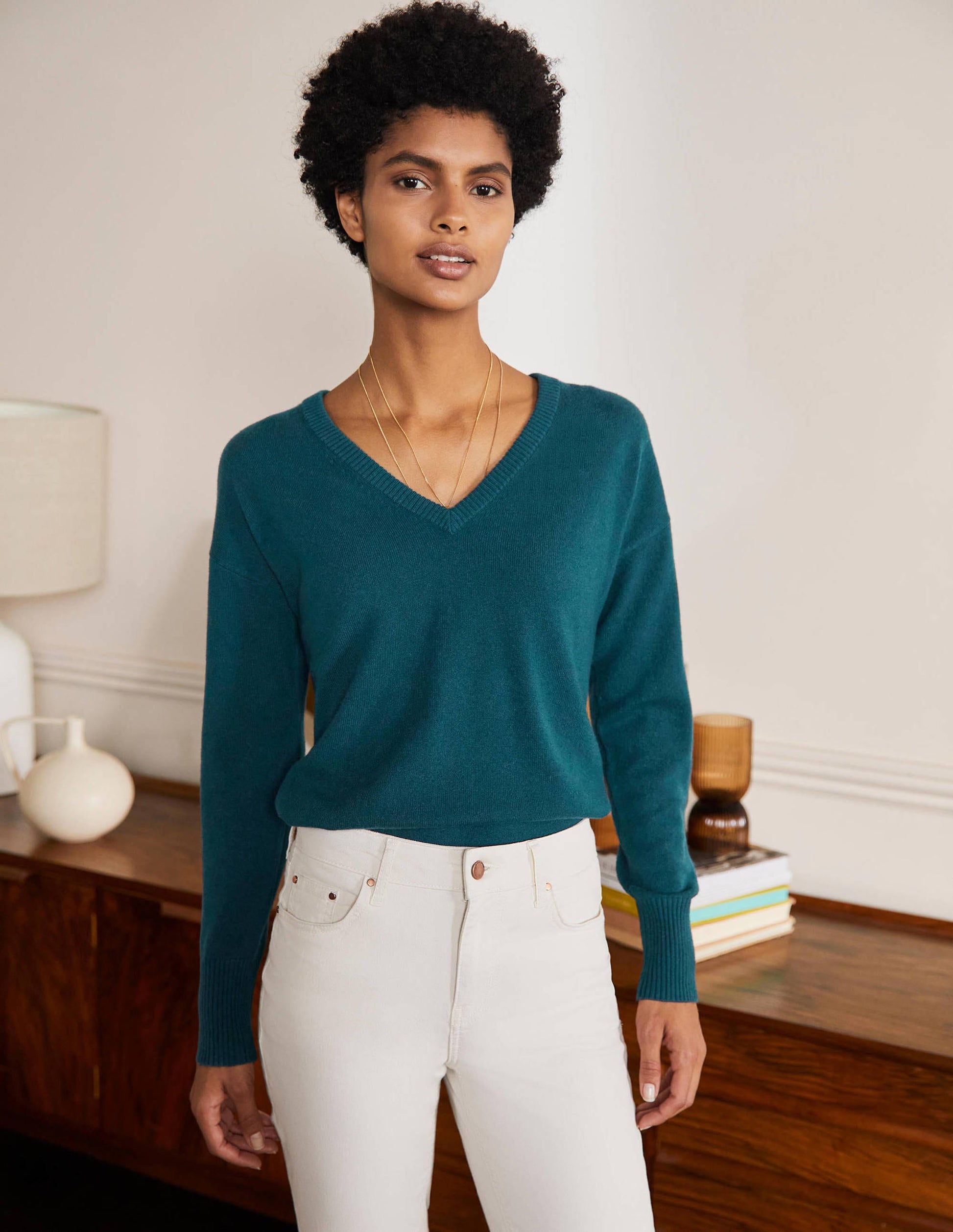 Cashmere V-neck Relaxed Jumper-Dark Teal-1