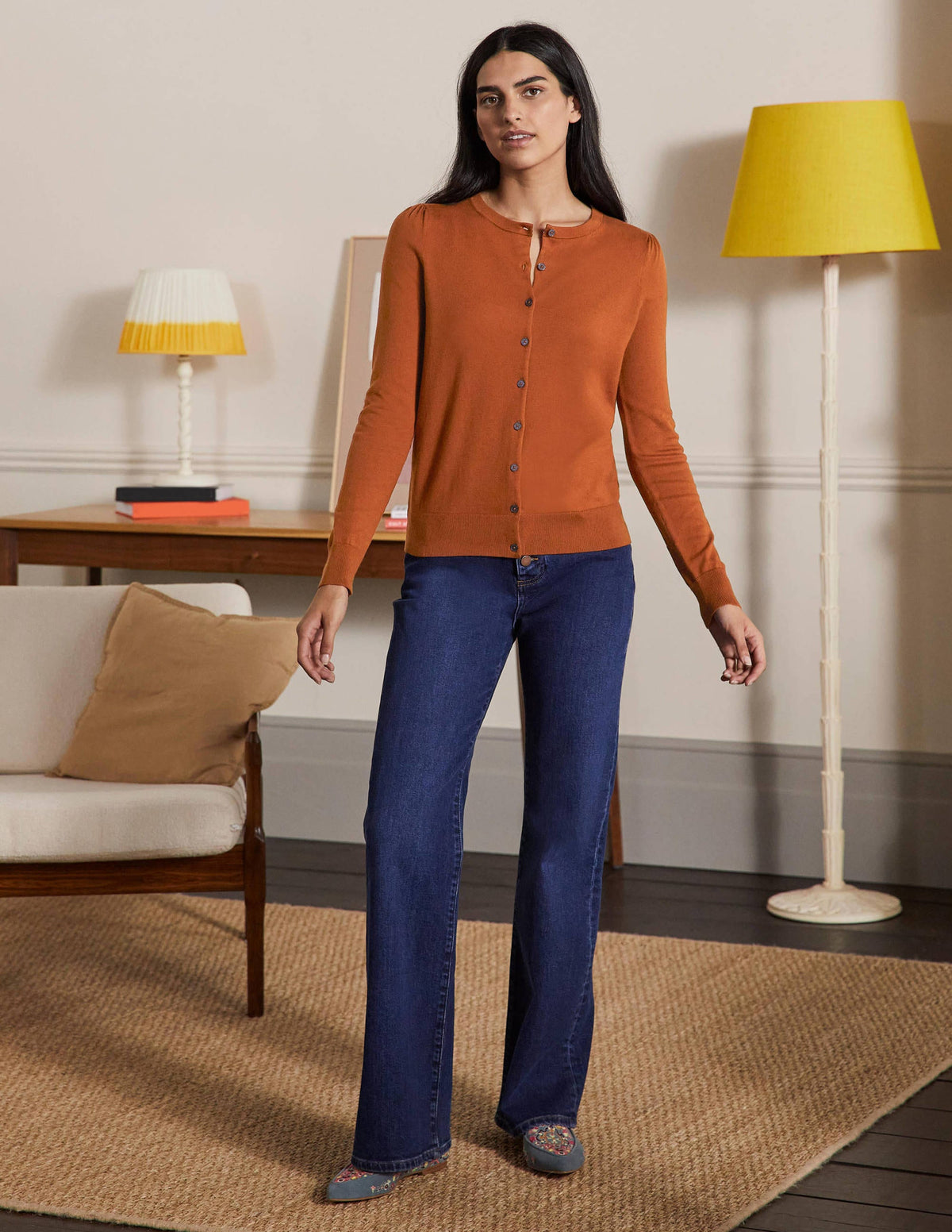 Cotton Crew Neck Cardigan-Rust - Image 3