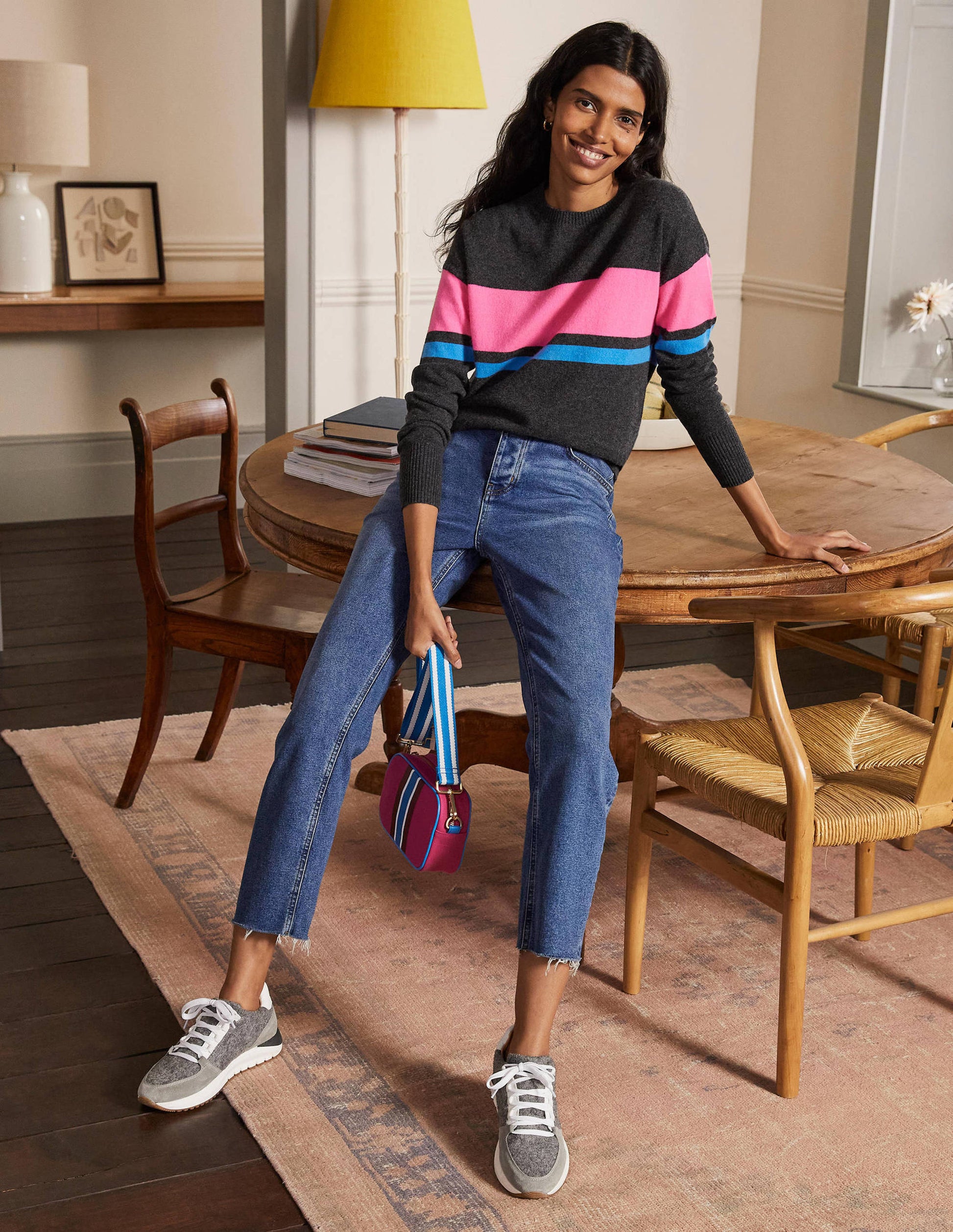 Margot Cashmere Jumper-Charcoal Melange, Neon Stripe-1