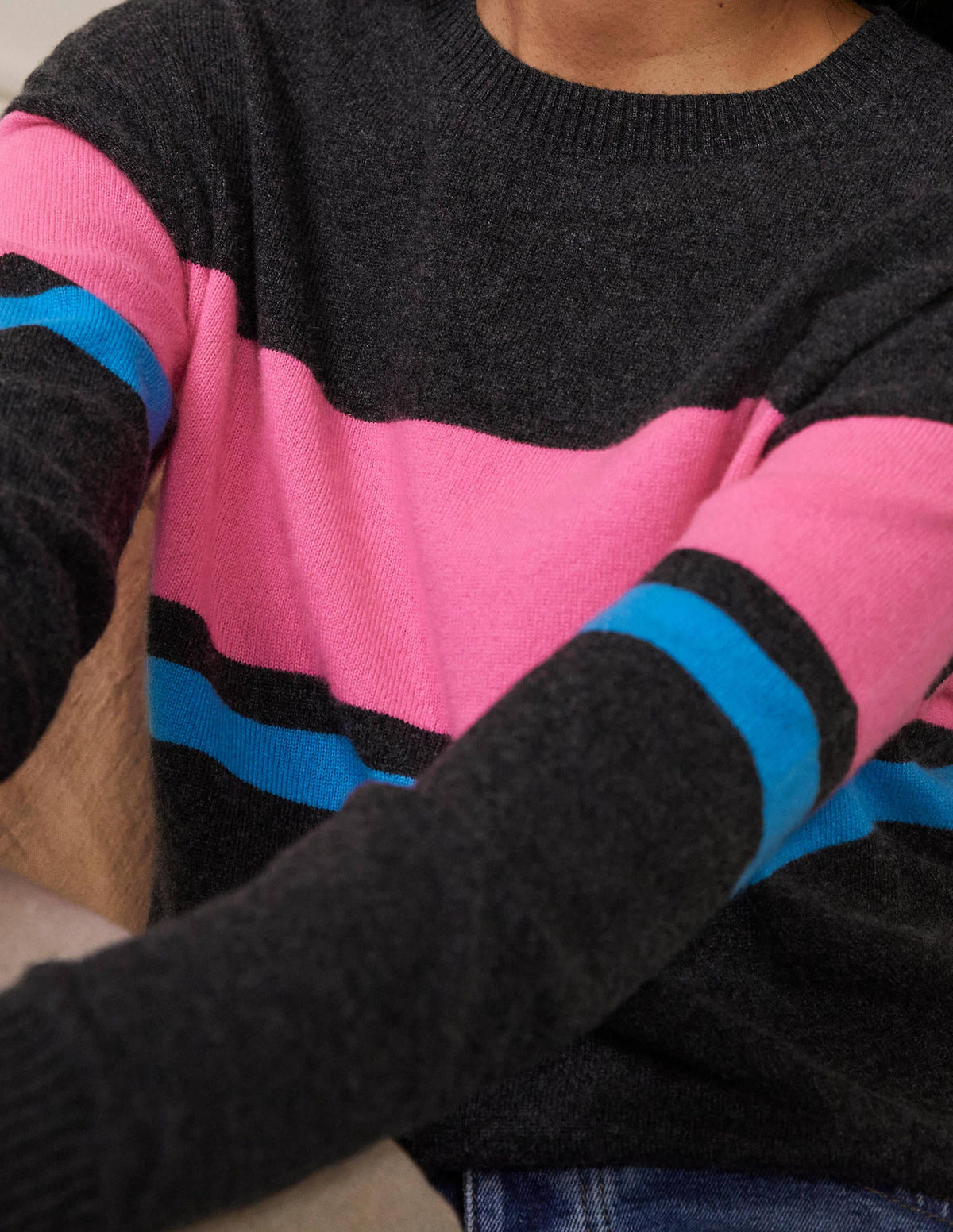 Margot Cashmere Jumper-Charcoal Melange, Neon Stripe-2
