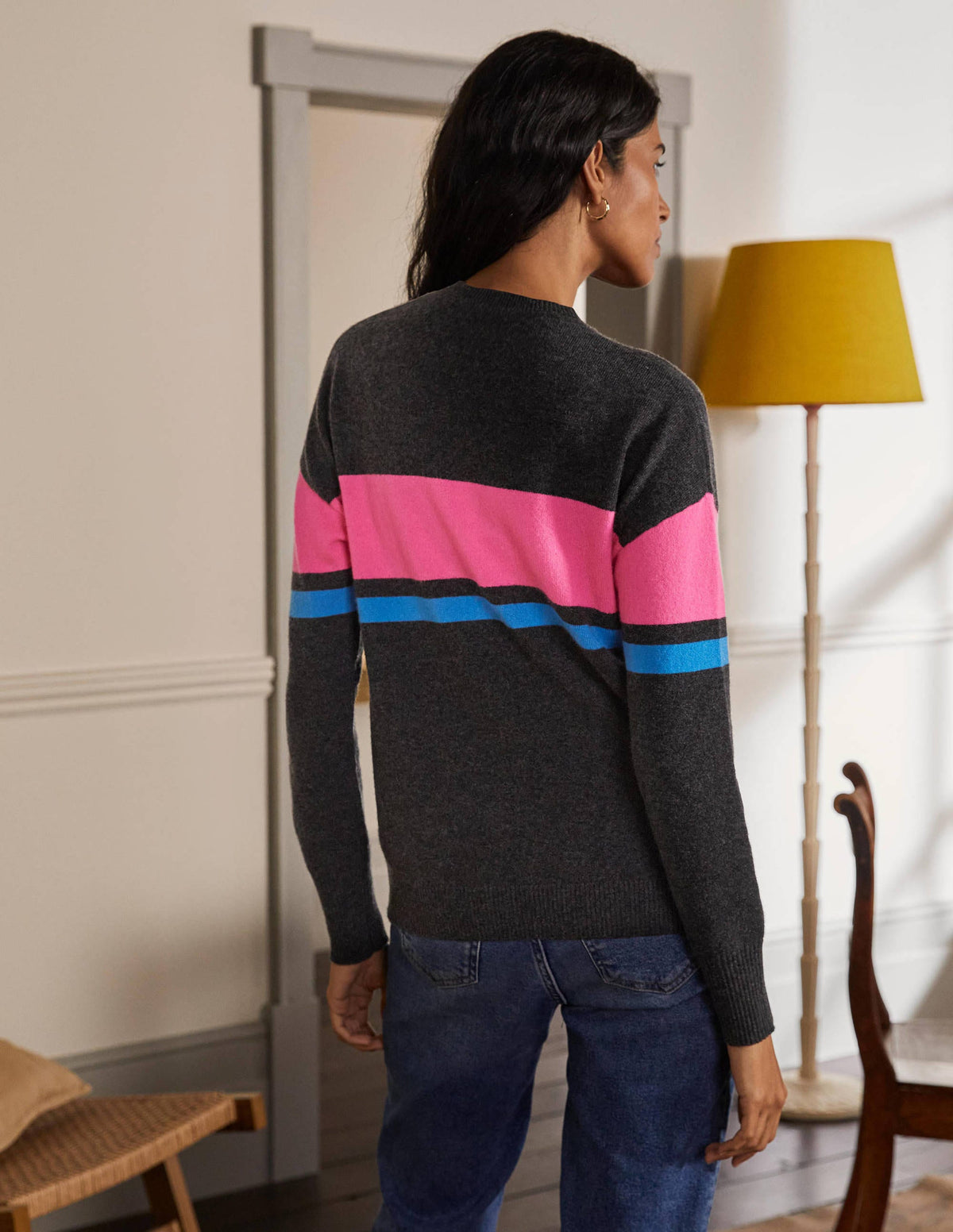 Margot Cashmere Jumper-Charcoal Melange, Neon Stripe - Image 3