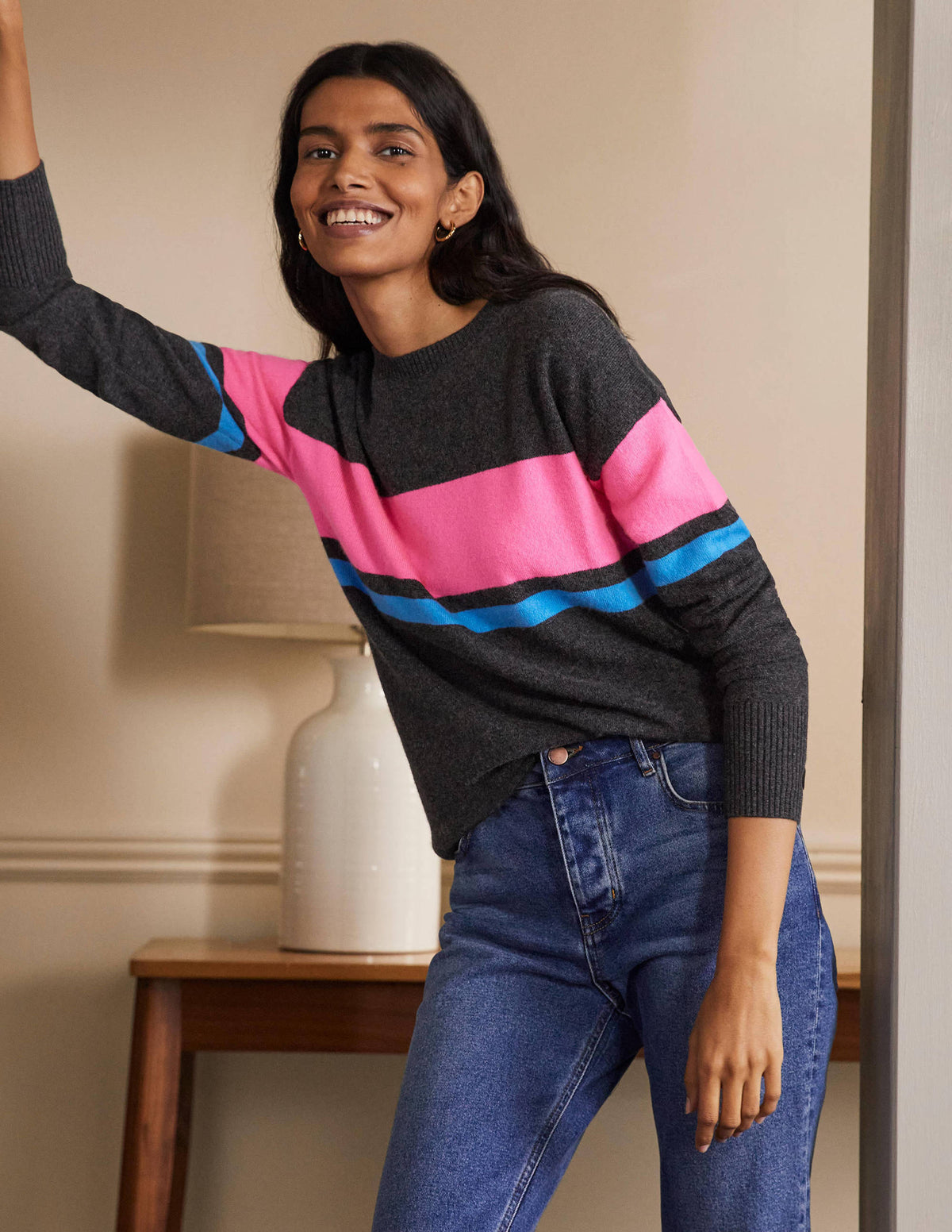 Margot Cashmere Jumper-Charcoal Melange, Neon Stripe-4