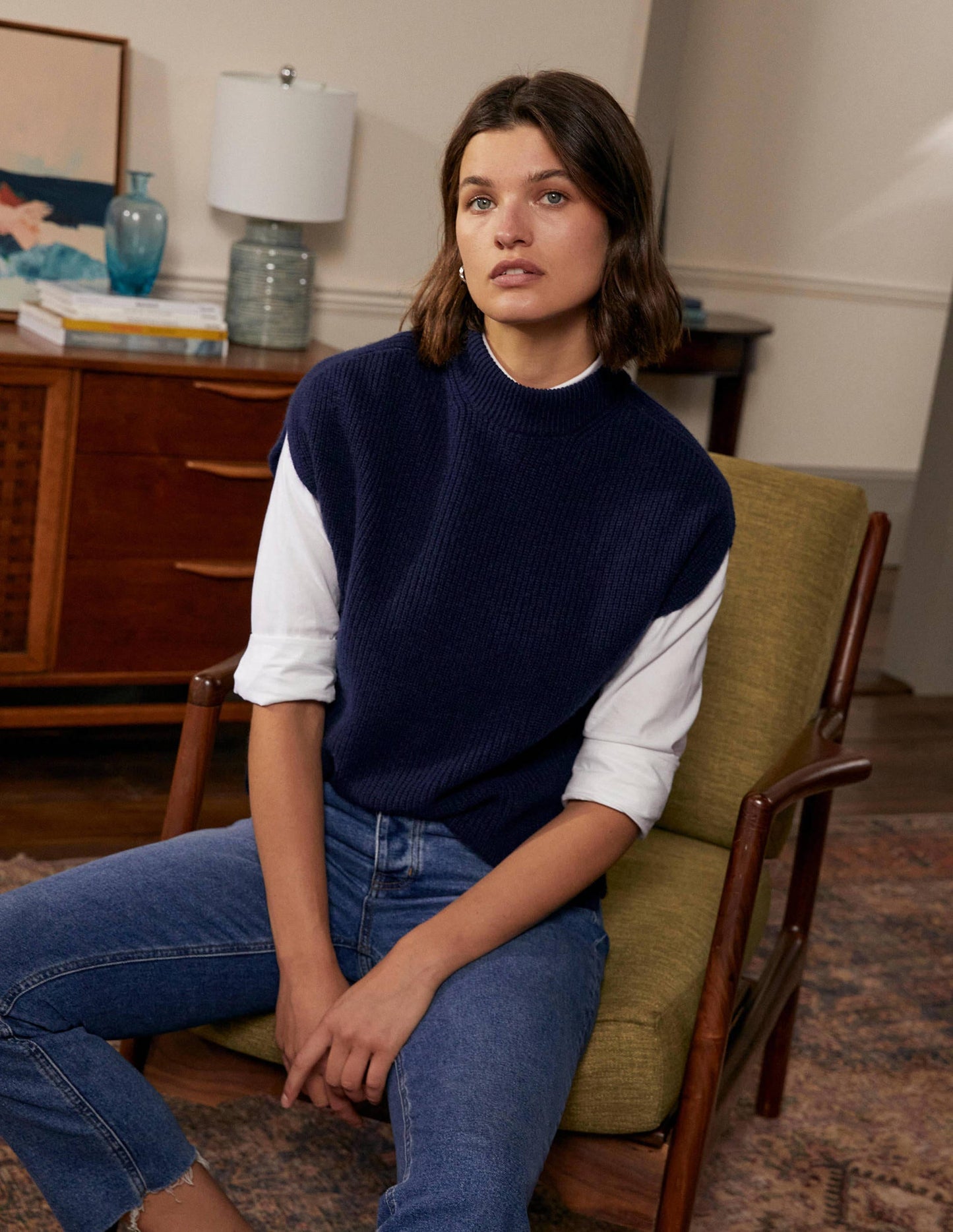 Relaxed Rib Sleeveless Jumper-Navy