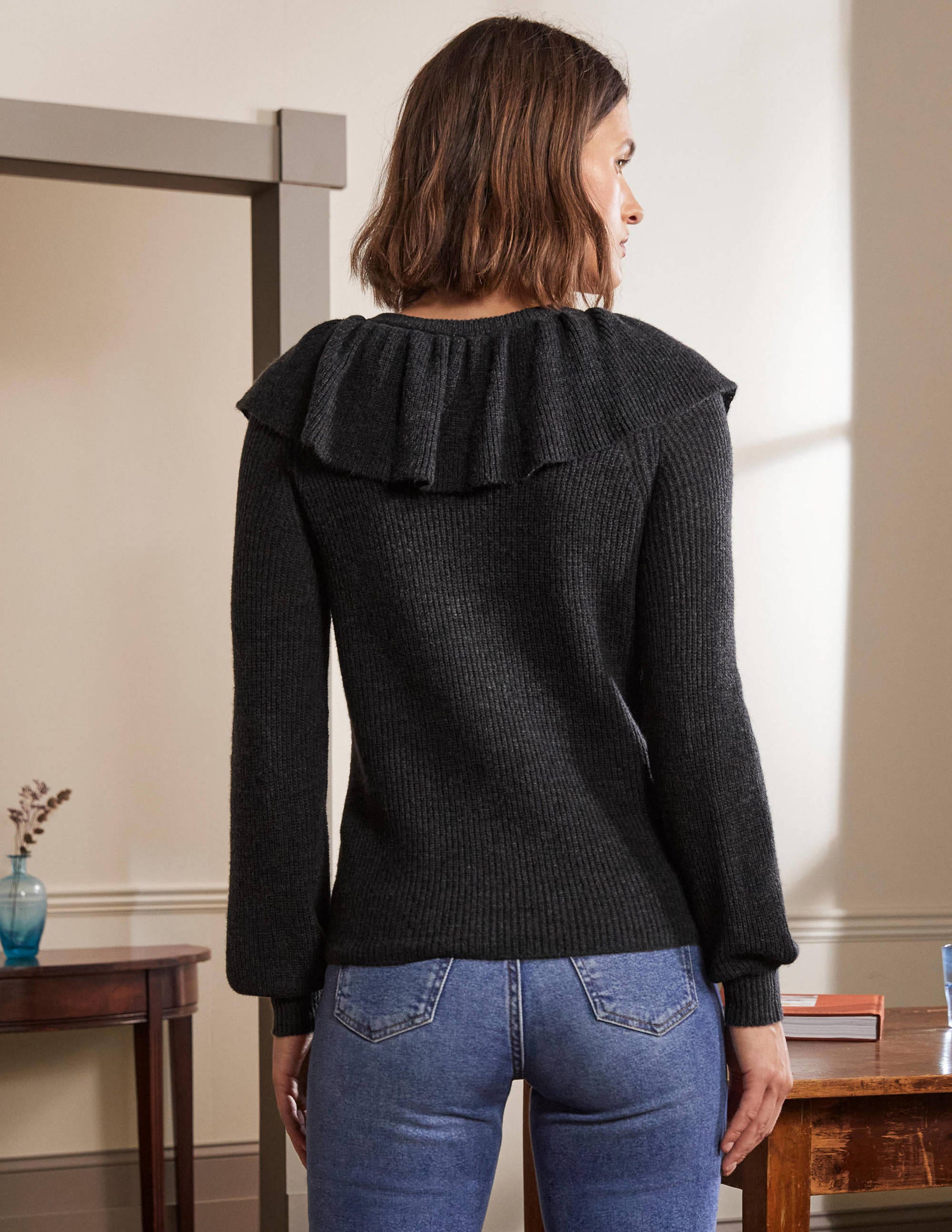 Fluffy Frill Collar Jumper-Charcoal Melange - Image 3