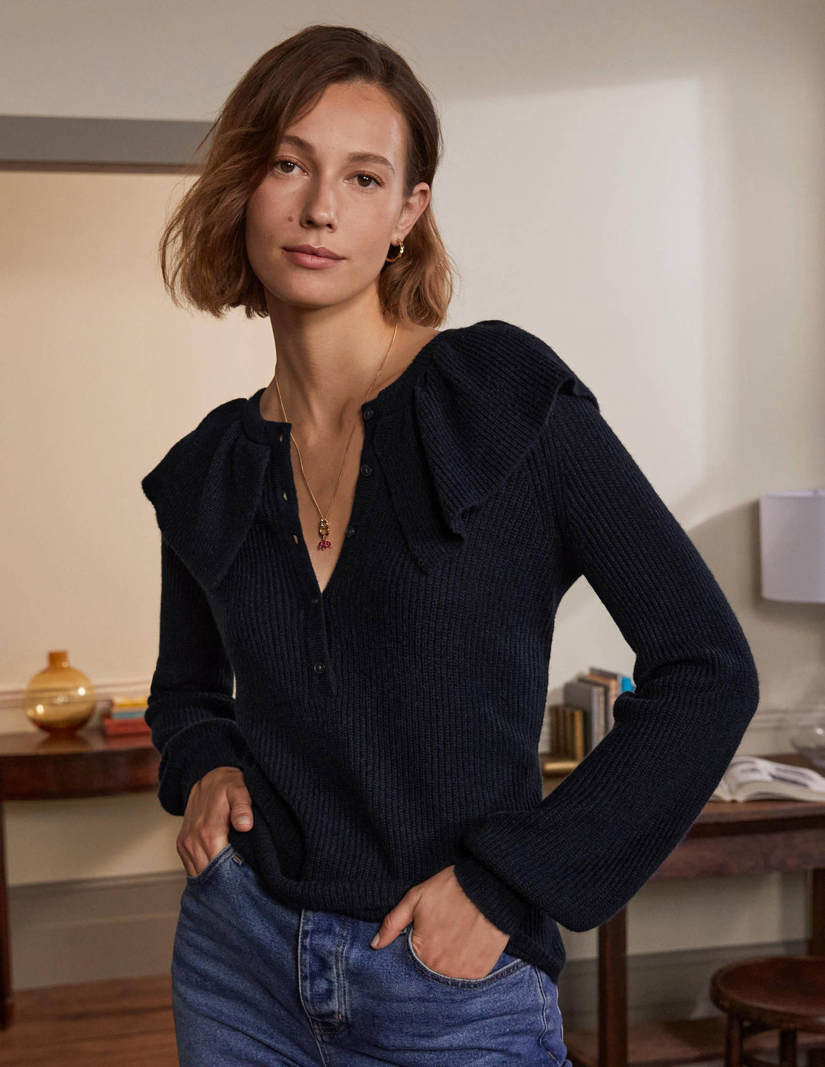 Fluffy Frill Collar Jumper-Navy - Image 1