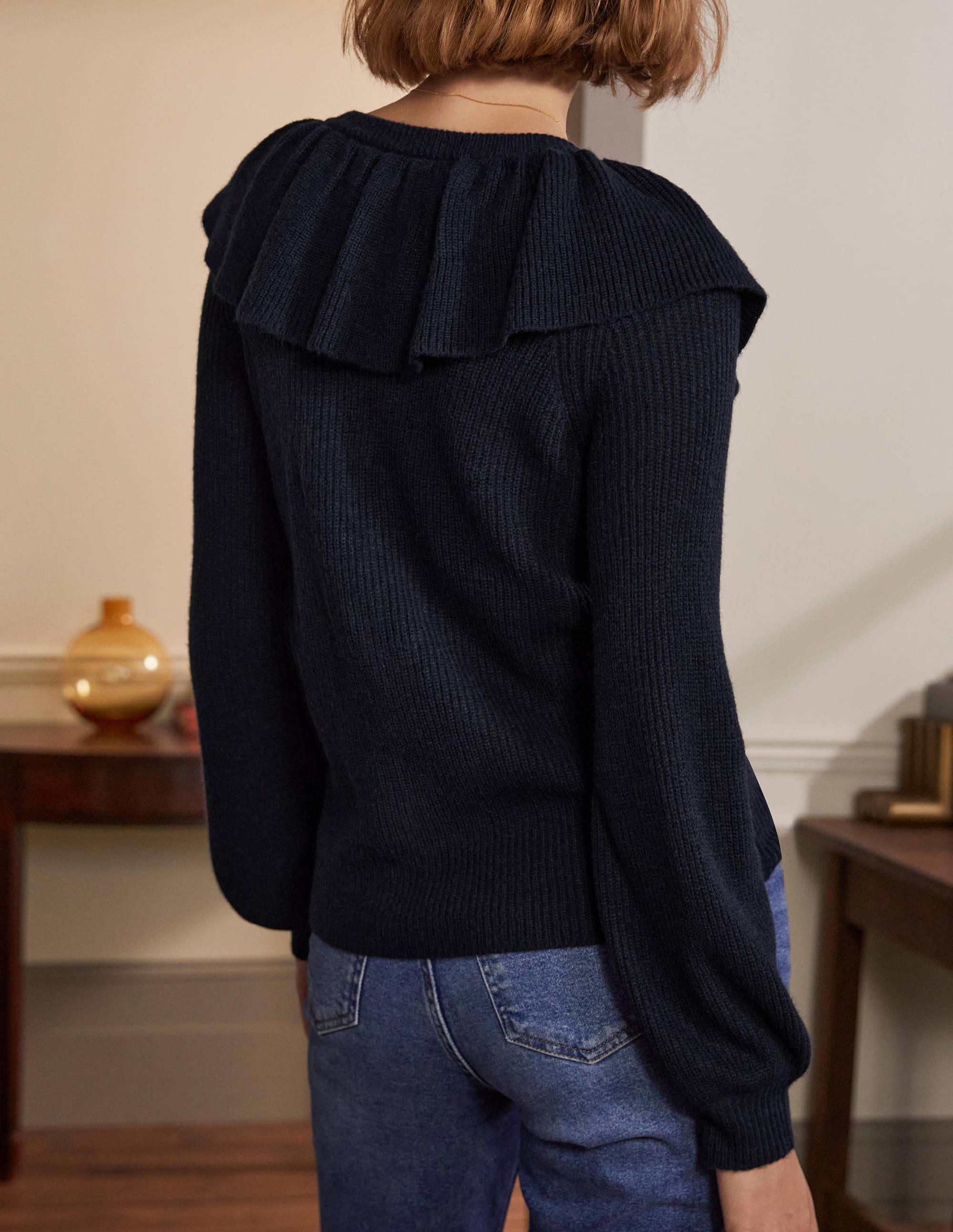 Fluffy Frill Collar Jumper-Navy - Image 3