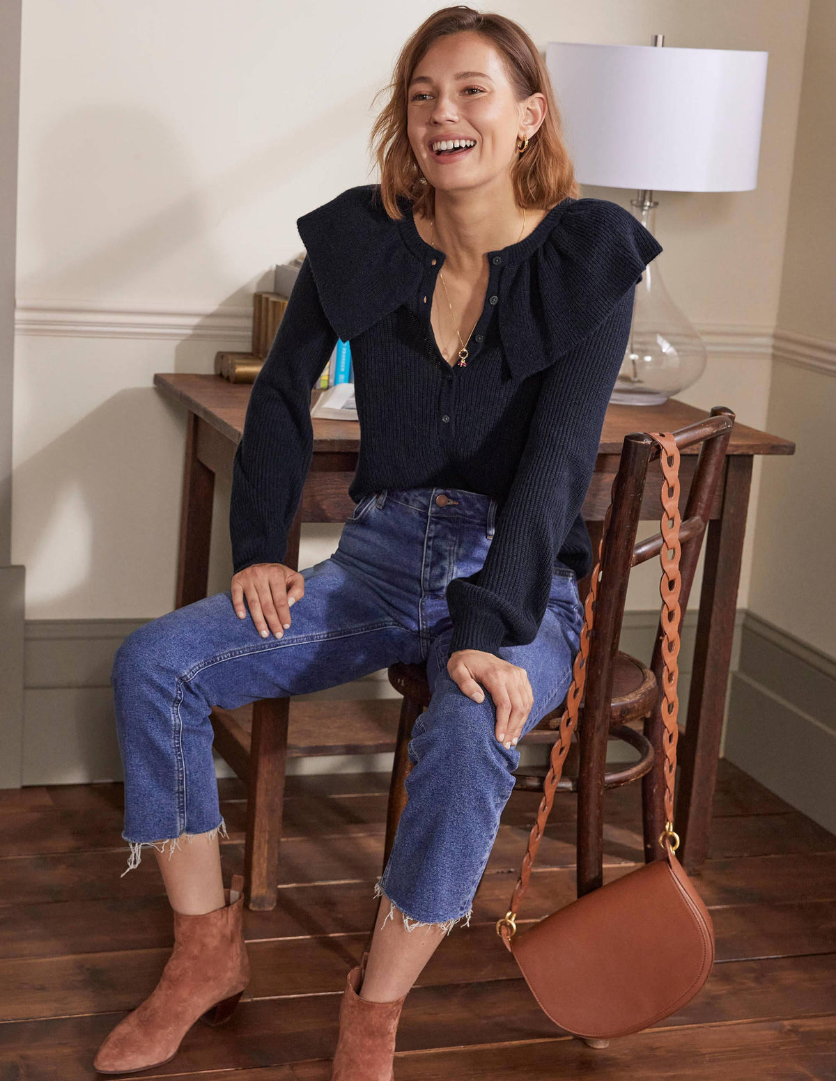 Fluffy Frill Collar Jumper-Navy - Image 4
