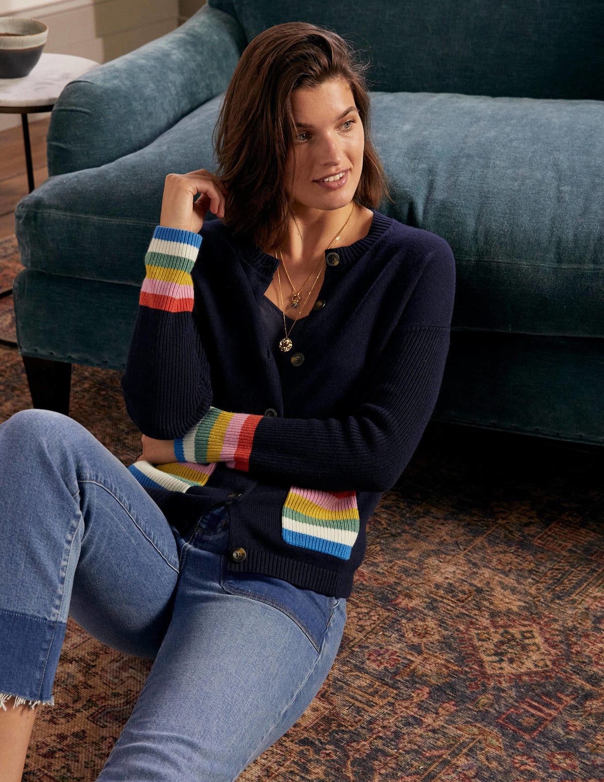 Stripe Pocket Relaxed Cardigan-Navy-1