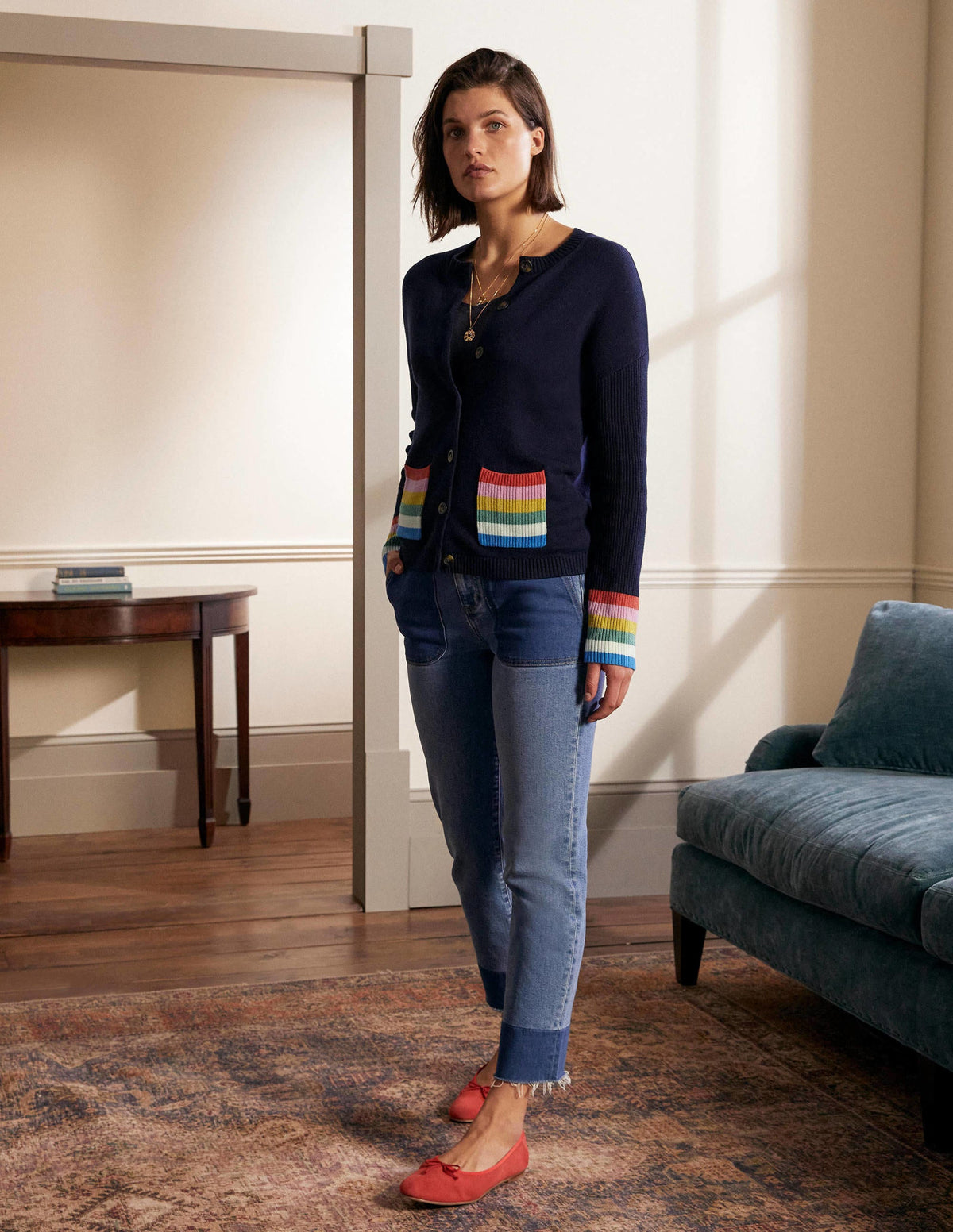Stripe Pocket Relaxed Cardigan-Navy-2