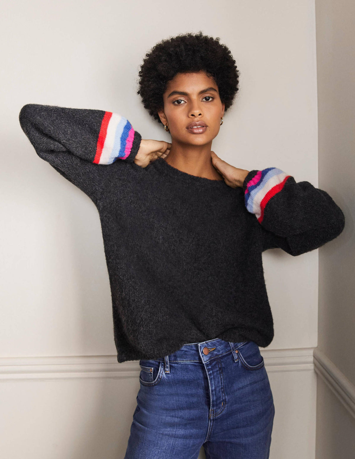 Fluffy Stripe Jumper-Charcoal Melange - Image 1