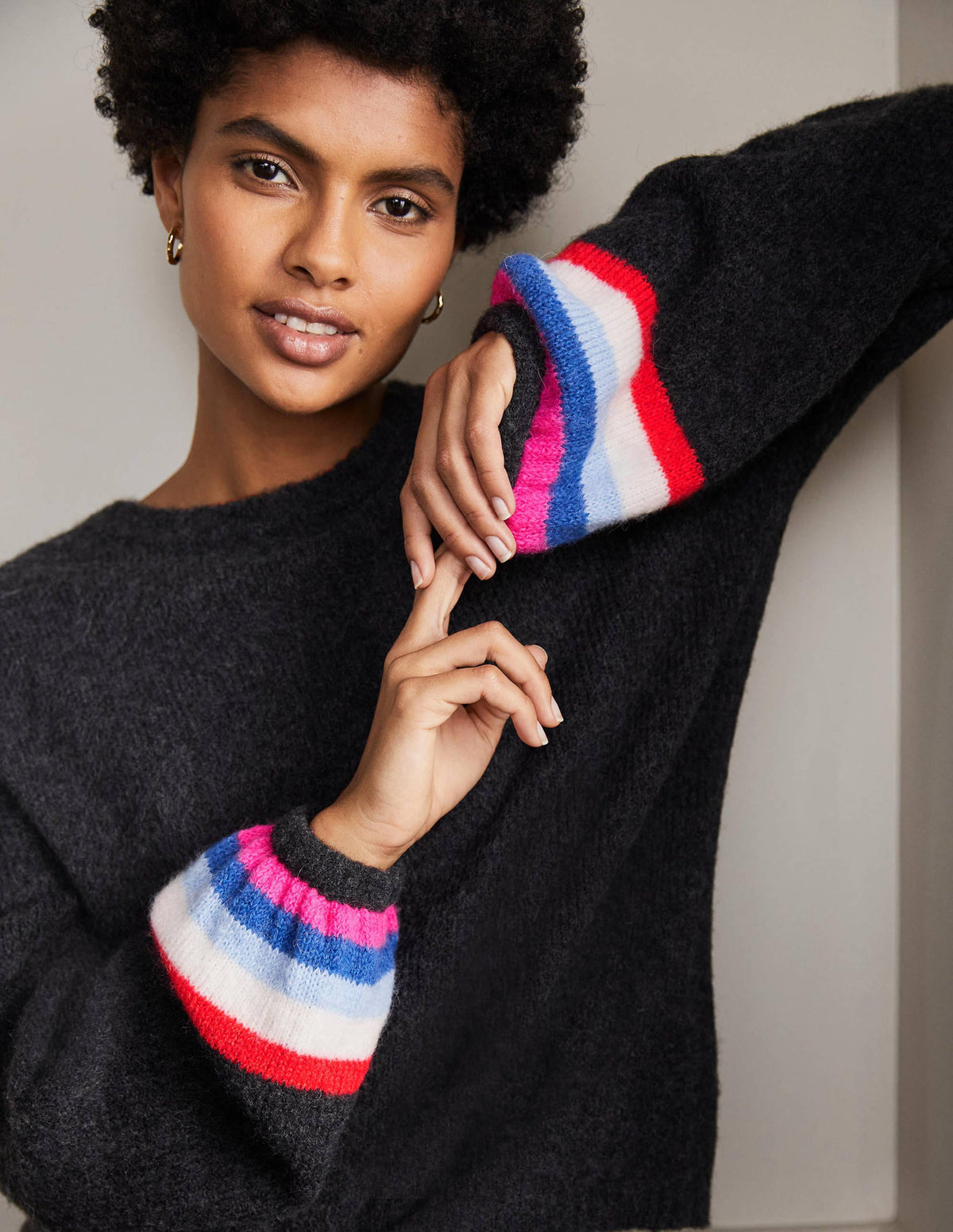 Fluffy Stripe Jumper-Charcoal Melange-2