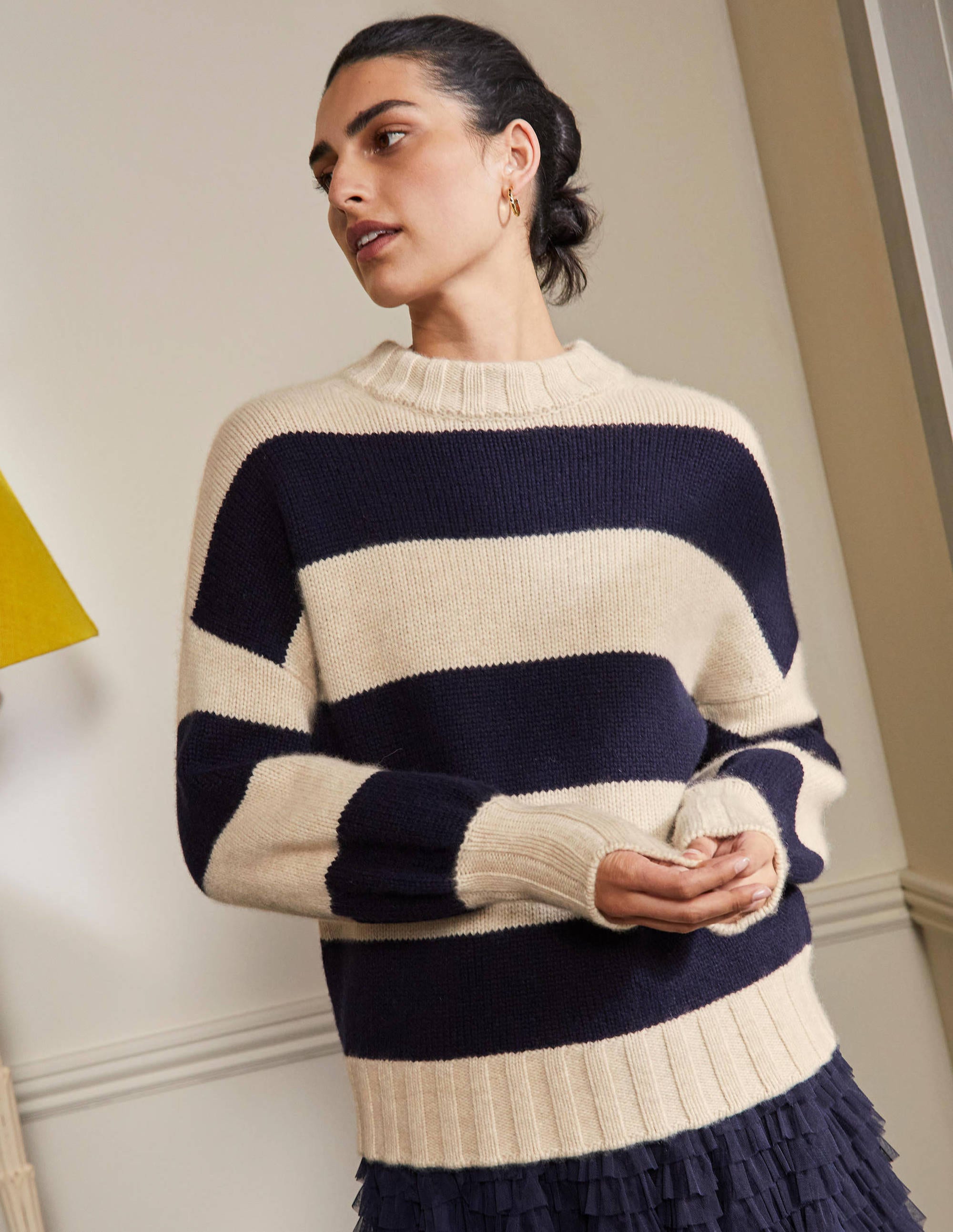 Chunky Cashmere Jumper-Navy, Oatmeal Melange Stripe - Image 1